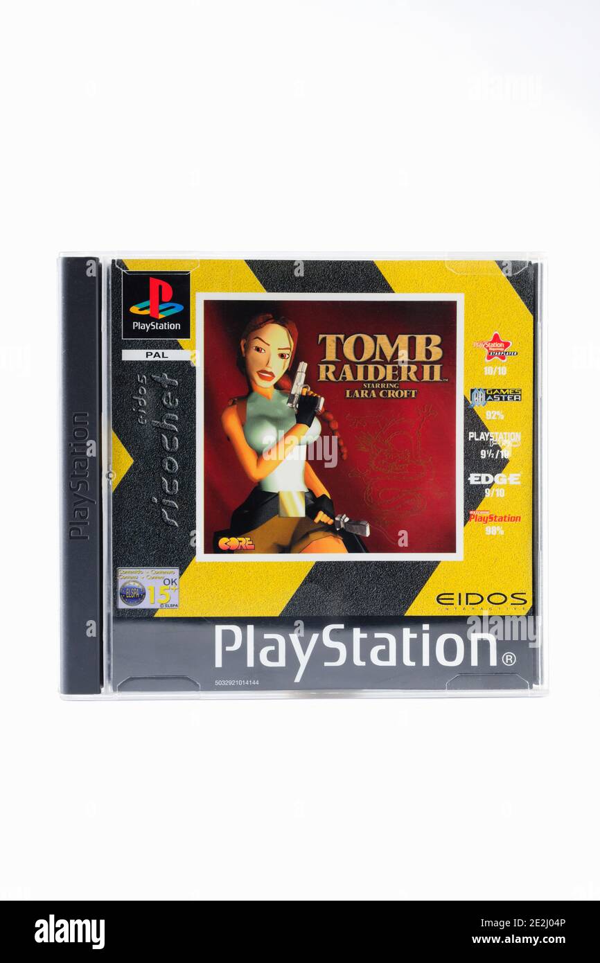 Tomb Raider II Playstation One game from 1997 an action-adventure video game developed by Core Design and published by Eidos Interactive Stock Photo
