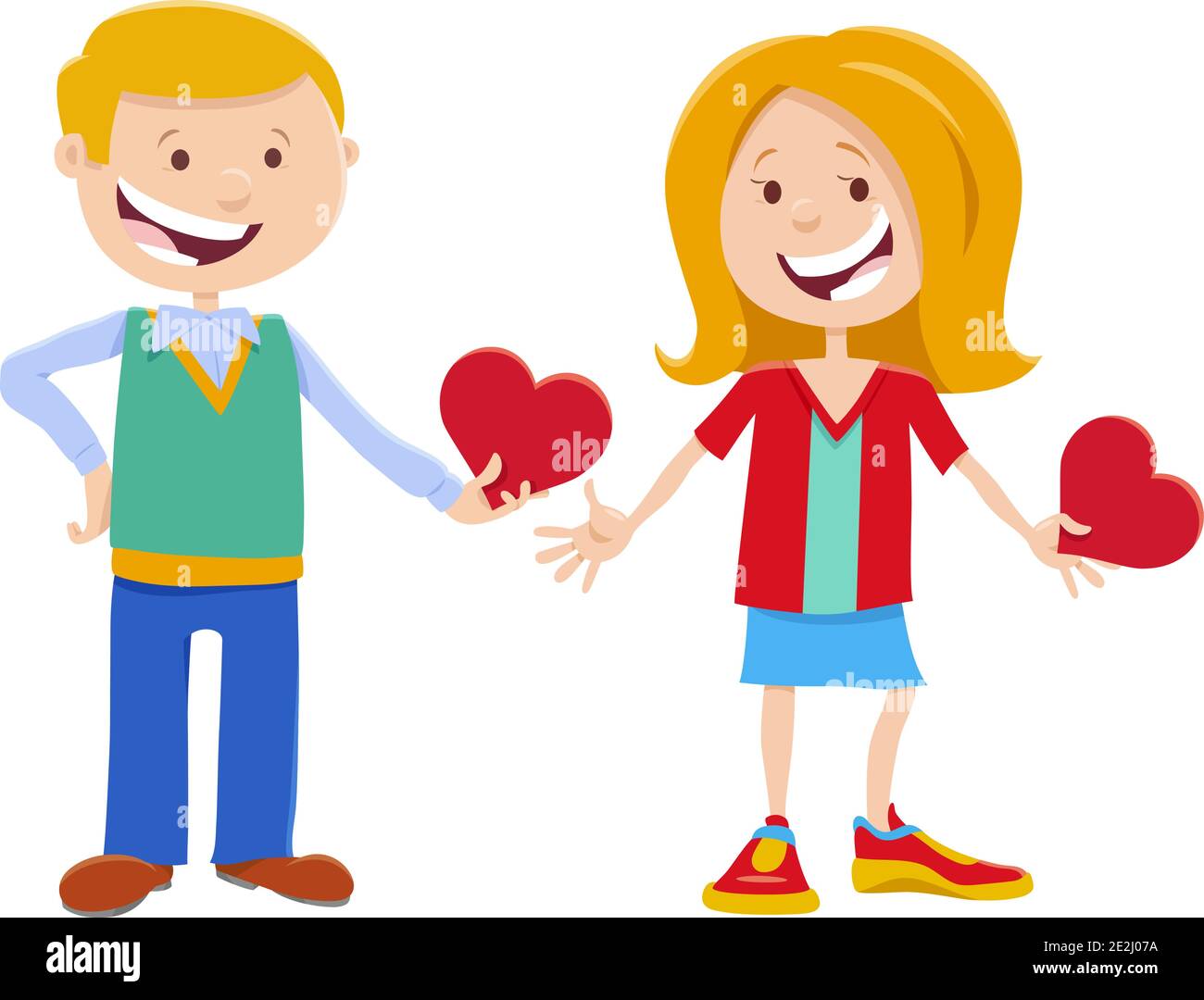 Greeting card cartoon illustration with girl and boy cute characters ...