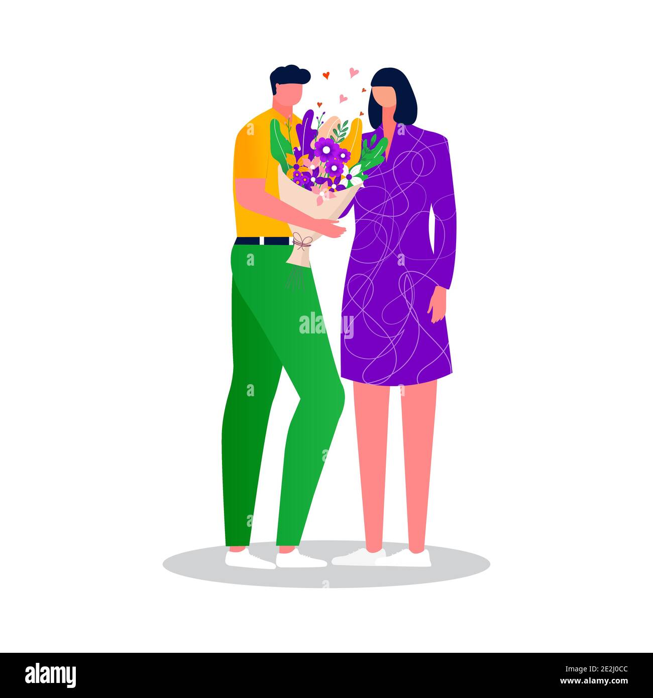Men giving flowers to women, Happy family celebrating Valentine's day. couple spending time together. Husband and wife enjoying home entertainment. Ve Stock Vector