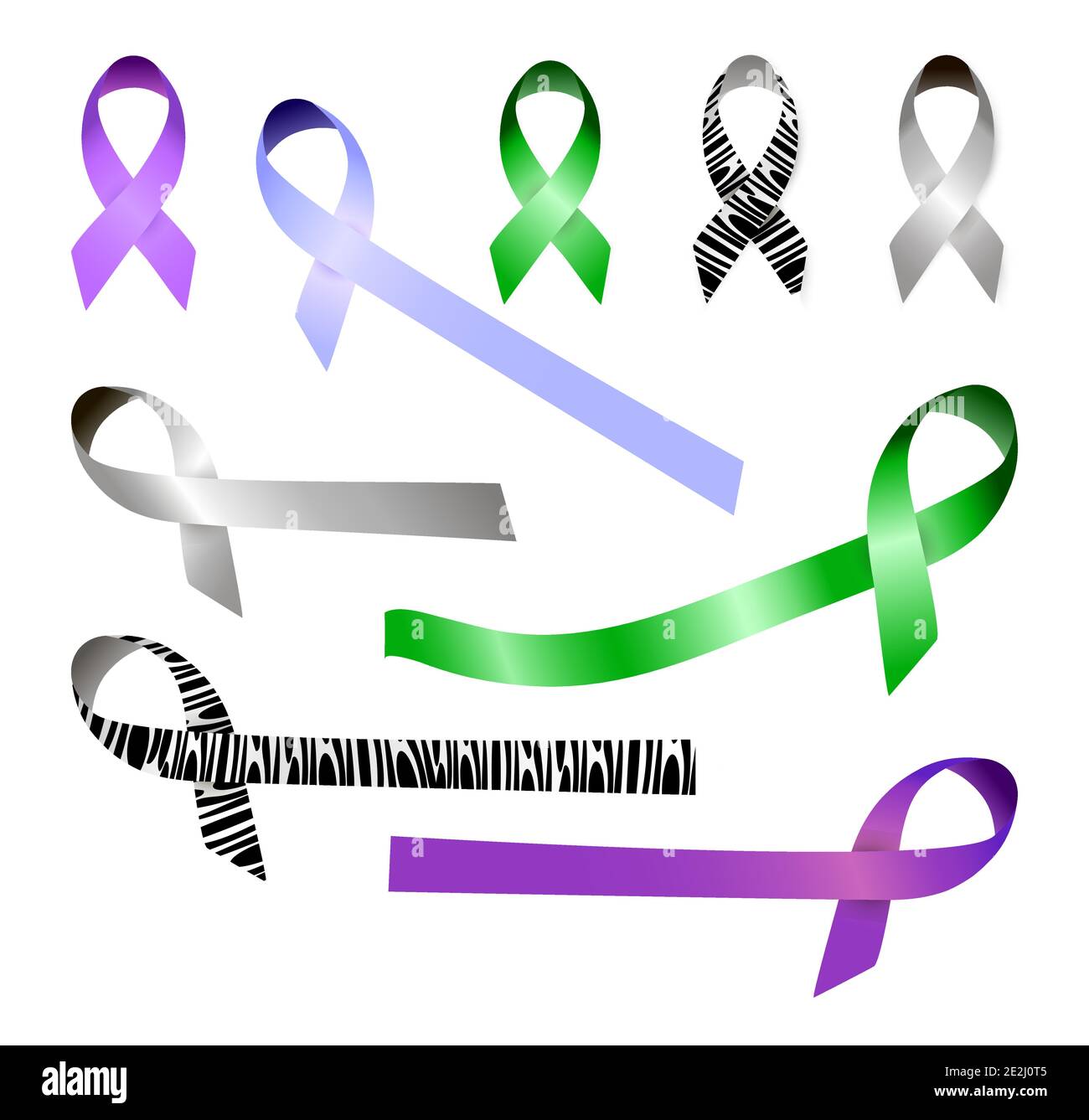 Ribbons awareness month set vector. Carcinoid, glaucoma, lungs, stomach cancer sign campaign for emblem, medical web, banner.. Stock Vector