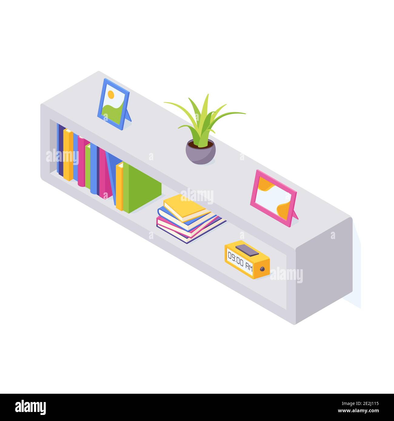 Books on shelf in isometric vector illustration. Stock Vector