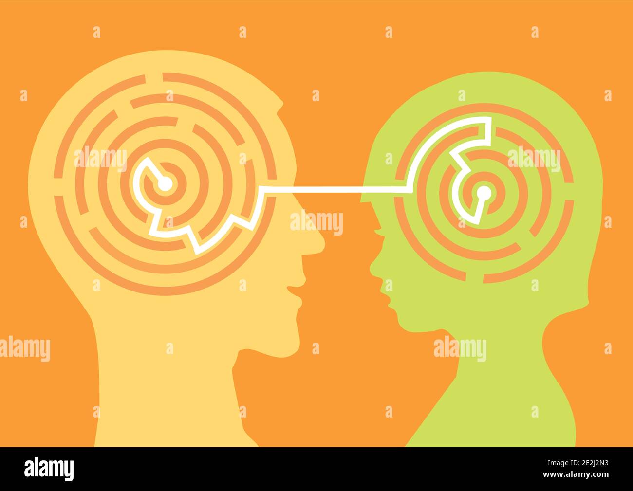 Labyrinth in the head of child. Stylized head silhouettes of Father and little child. Parent And kid relationship concept. Vector available. Stock Vector