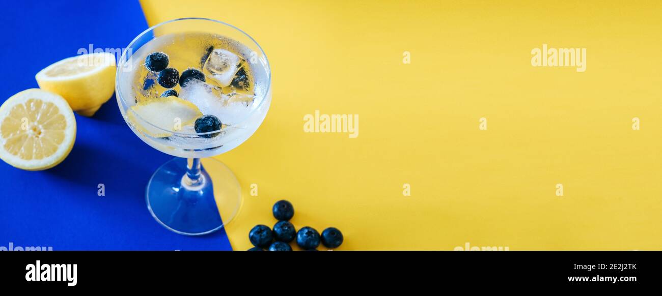 Oblong banner with a gin and tonic cocktail with blueberries drink isolated on blue and yellow coloured background Stock Photo