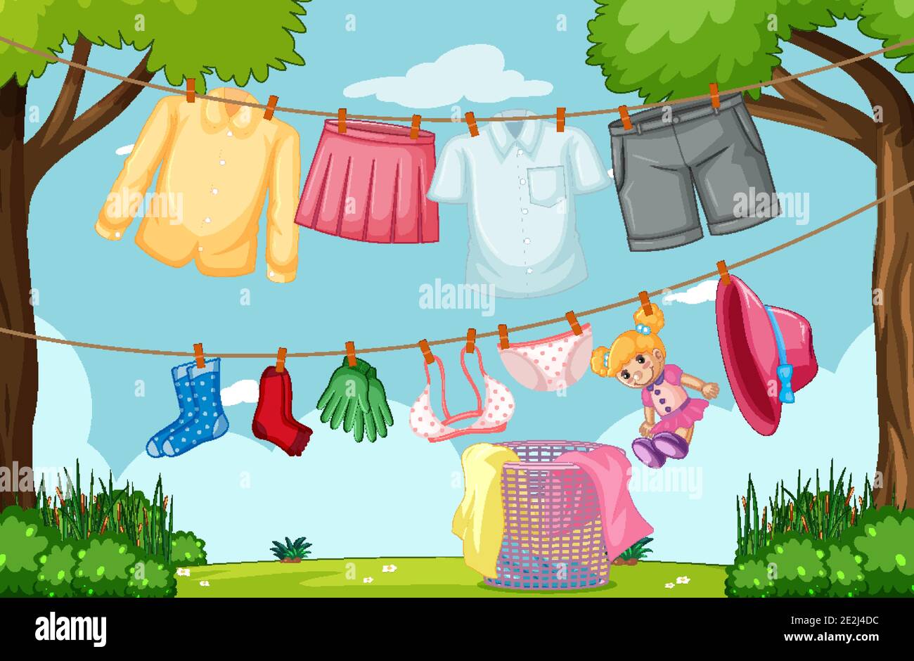 Clothes hanging on line in the yard illustration Stock Vector
