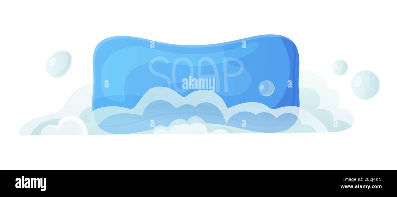 Blue solid soap with bubble and foam. Fresh, clean, hygiene, skin care cosmetic, wash hands, bath accessories concept. Stock vector illustration in Stock Vector