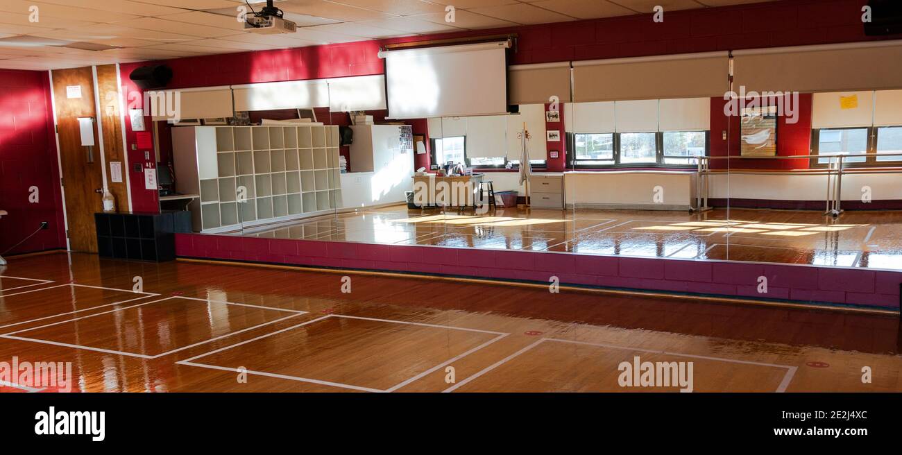 West Islip, New York, USA - 16 November 2020: Dance studio classroom with taped boxes in front of the mirrors for social distancing due to the coronav Stock Photo