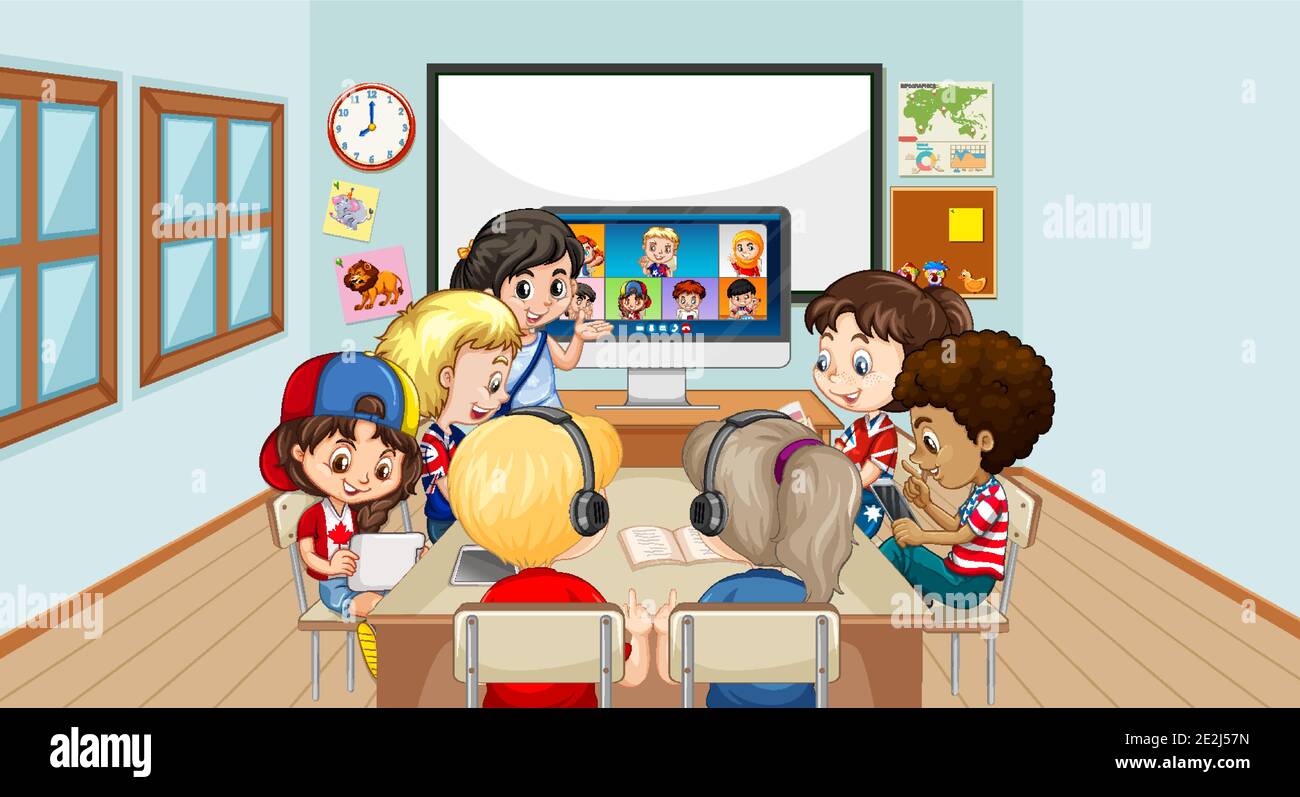 Children using laptop for communicate video conference with teacher and ...