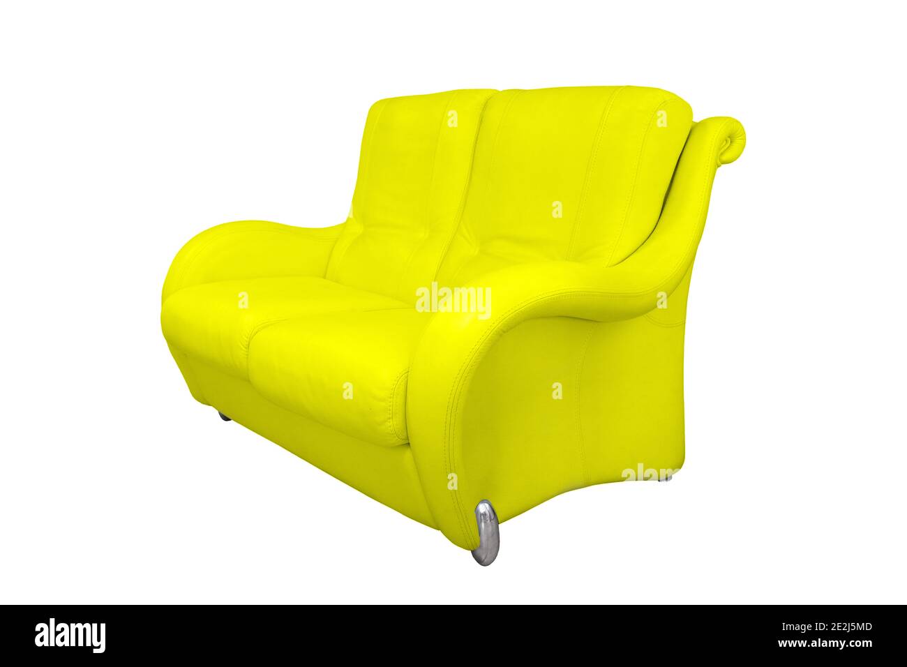 This yellow stylish office sofa made of perforated leather for two persons stands isolated on a white background.  Stock Photo