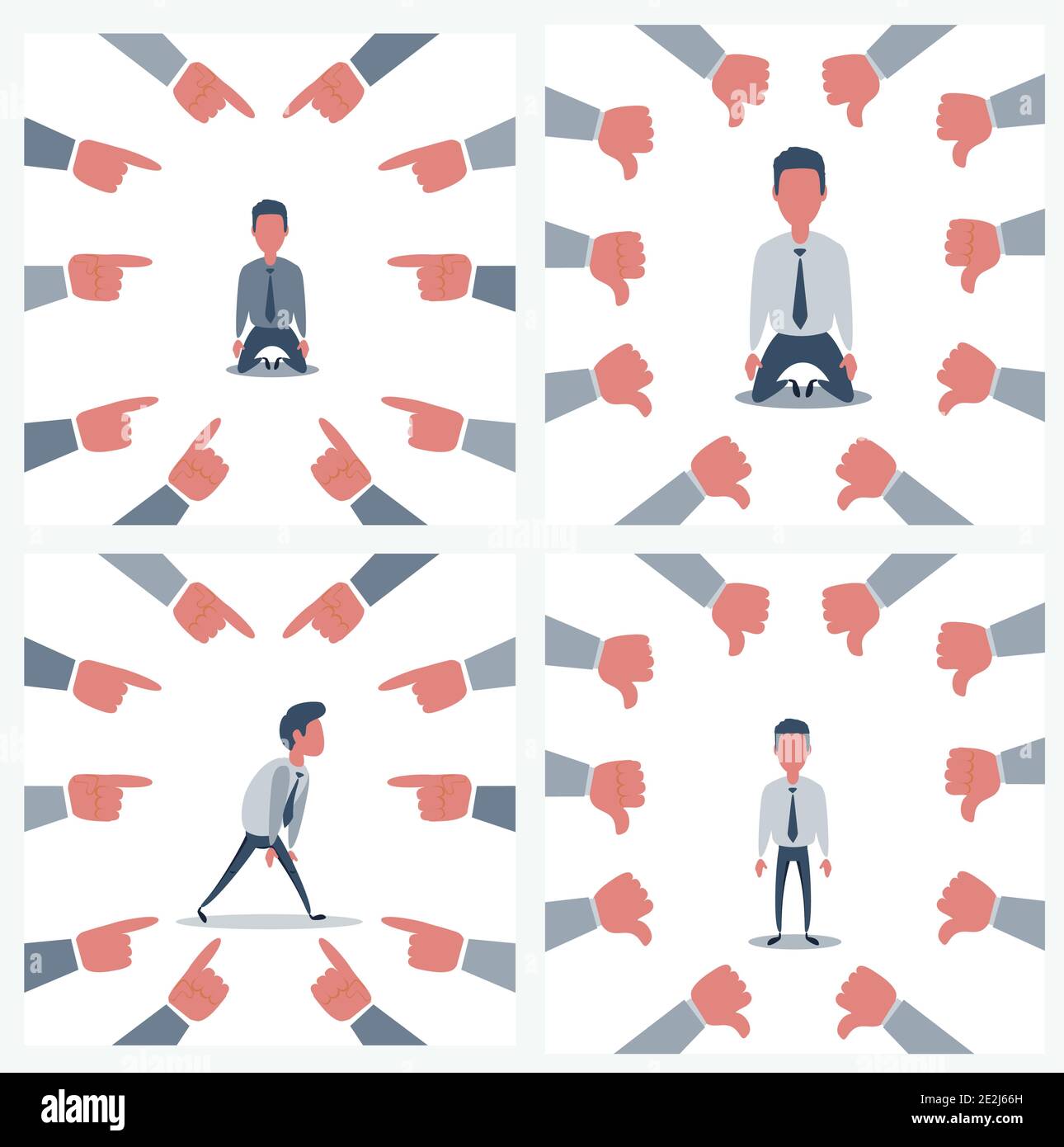 Cartoon vector illustration of social public condemnation of young man