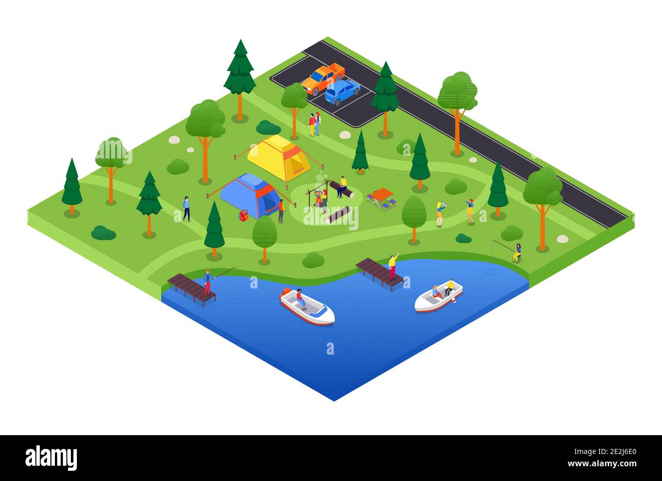 Camping and tourism - vector colorful isometric illustration. Campsite with tents in the forest, trees, parking lot. Tourists sitting at the bonfire, Stock Vector