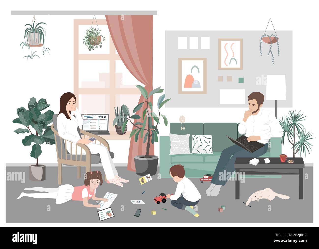 Young family couple and kids stay home and have distant work and learning during pandemic. Young parents with sons and daughter have remote job Stock Vector