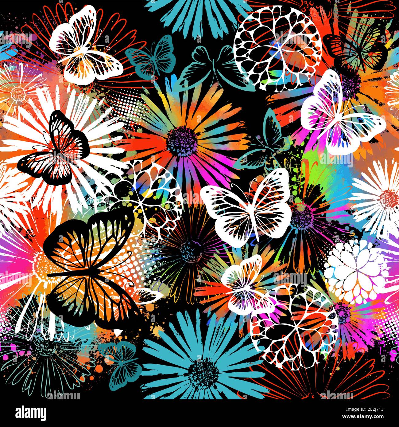A seamless background with colorful flowers. Mixed media. Vector ...