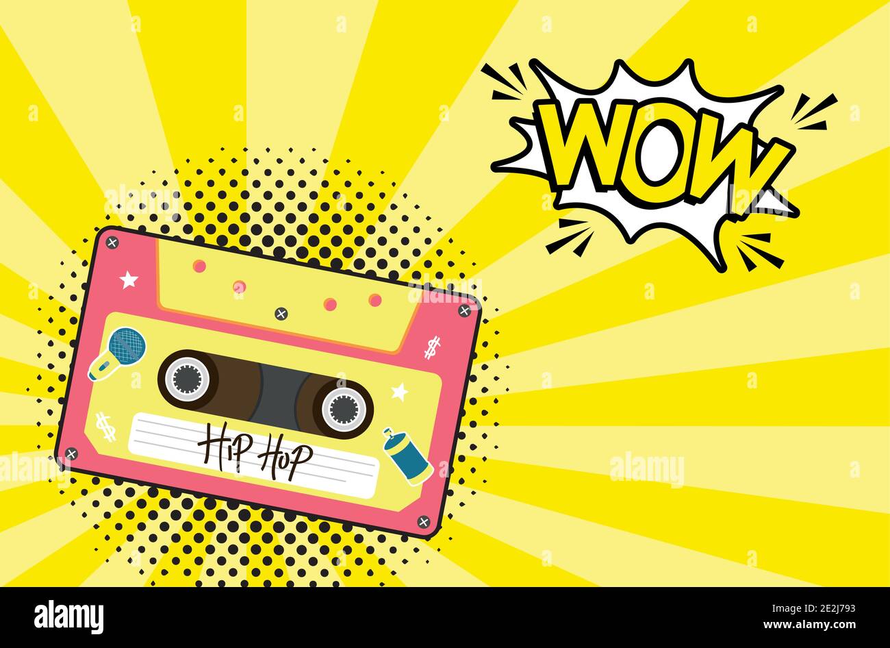 hip hop retro cassette with wow explosion bubble design, Music vintage