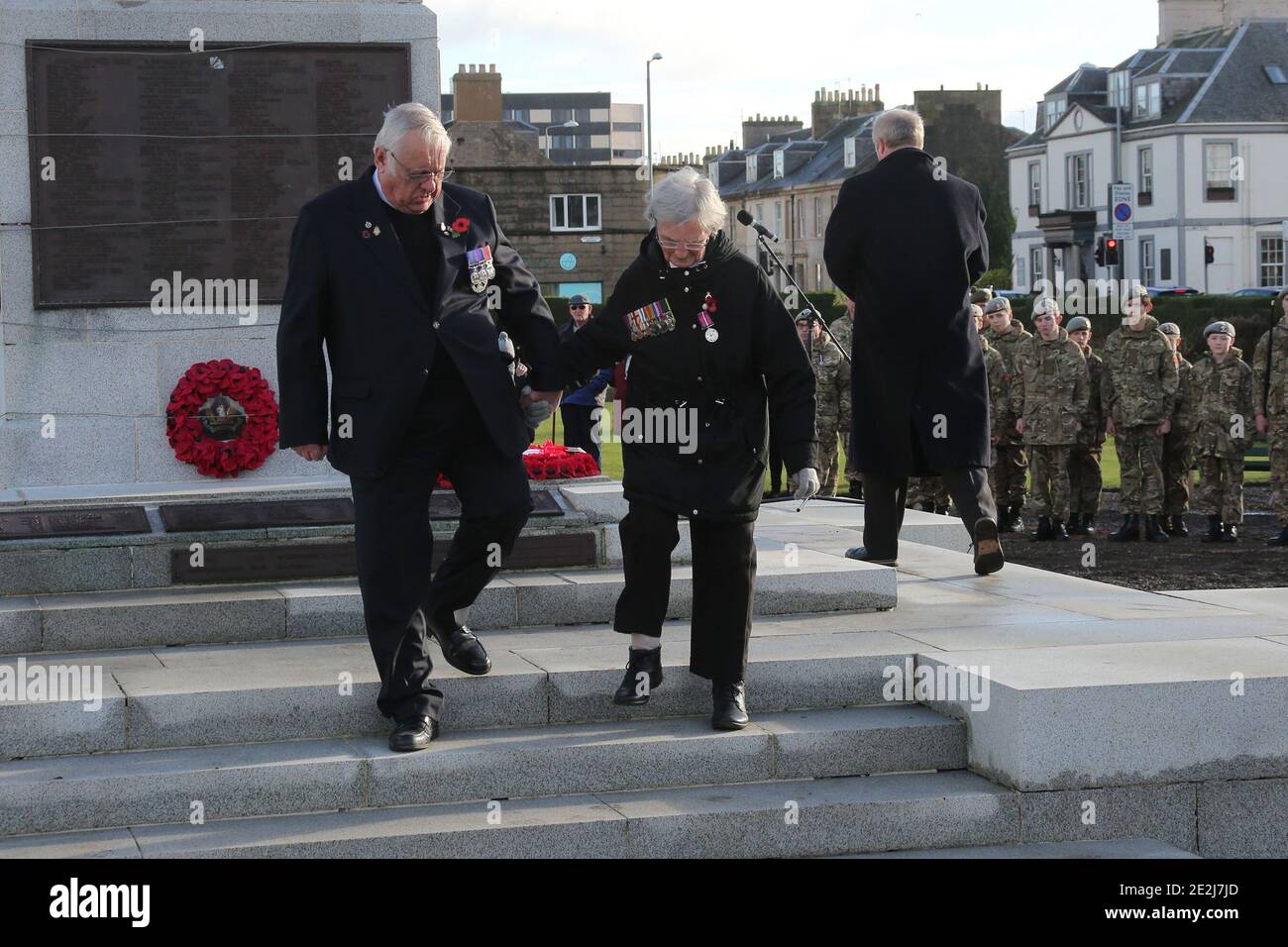 Ayr, Ayrshire, Scotland. Armistace Day Wellington Square. A short service was held by  the Rev David Gemmel with representatives from the armed forces, Police Scotland, Scottish Fire & Rescue, South Ayrshire Council and Belmont Academy placeing wreaths at the Cenotaph Stock Photo
