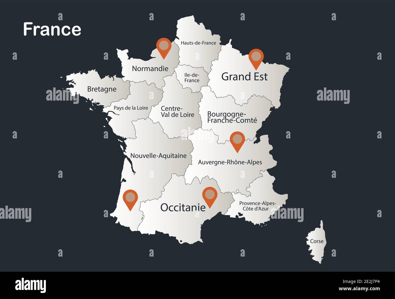 France map, Infographics flat design colors snow white, with names of individual regions vector Stock Vector