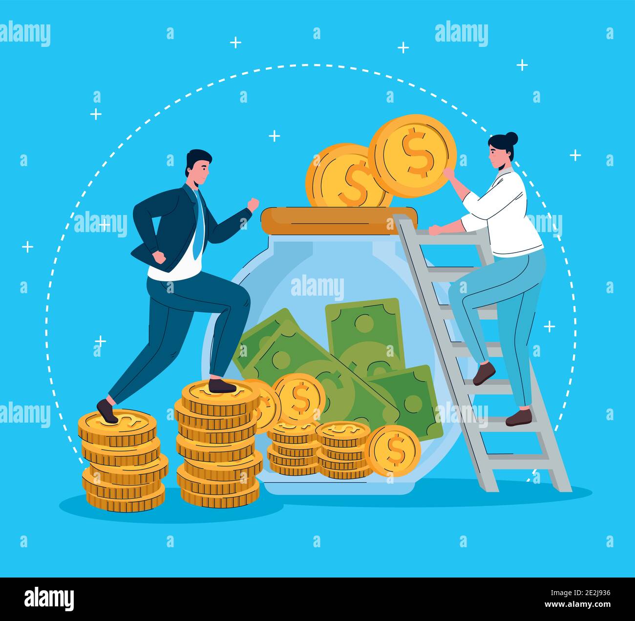 woman in stairs with jar with money and businessman running Stock Vector