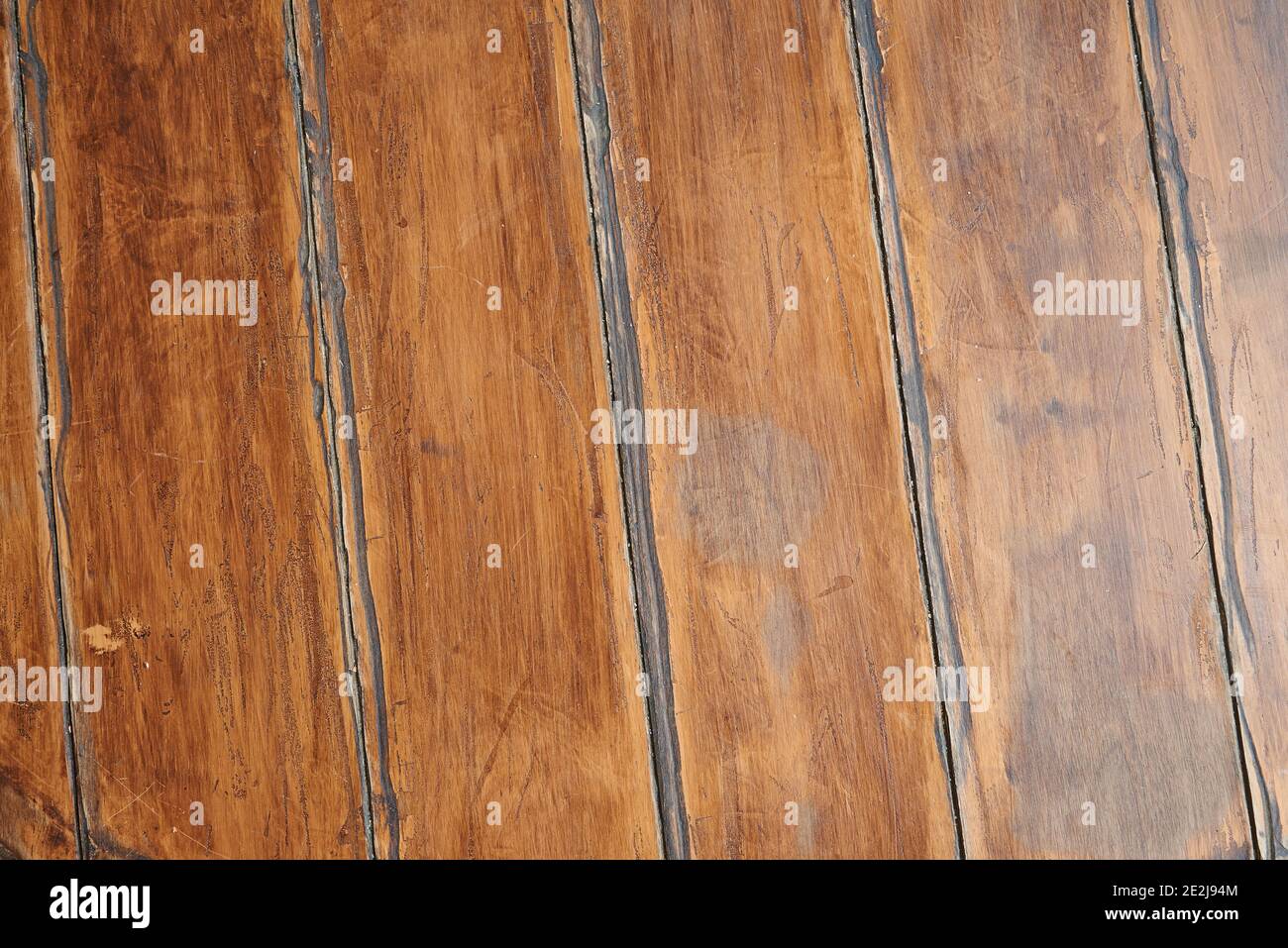 Textured and well aged wooden table view from above Stock Photo