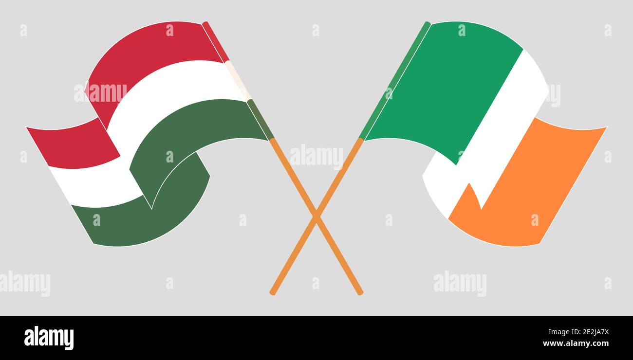 Crossed and waving flags of Hungary and Ireland. Vector illustration Stock Vector