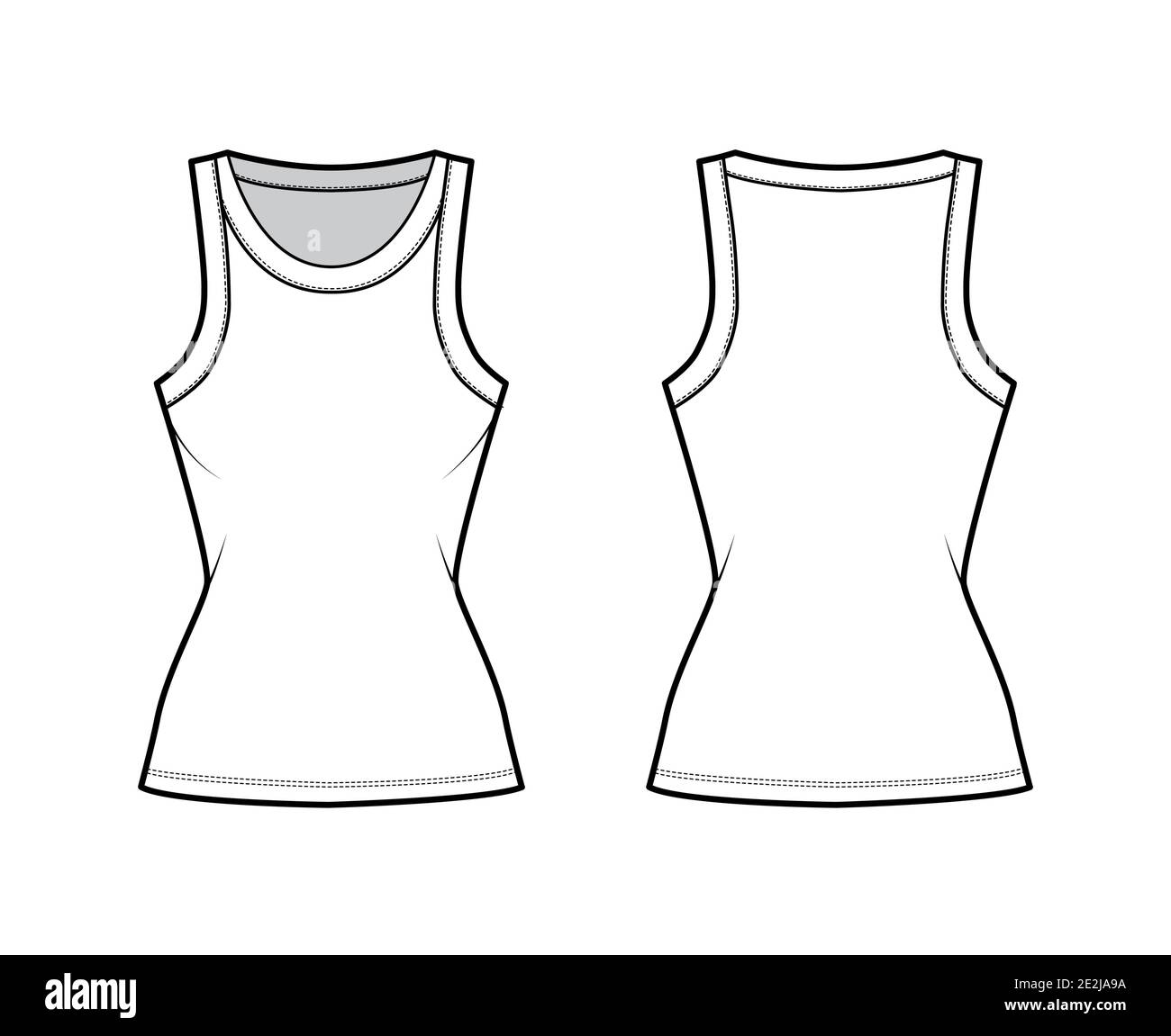 Cotton-jersey tank technical fashion illustration with fitted body, wide  scoop neckline, sleeveless. Flat outwear cami apparel template front, back  white color. Women men unisex shirt top CAD mockup Stock Vector Image 