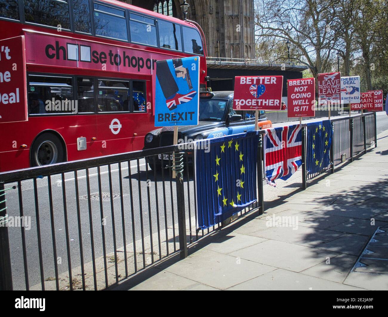 anti-brexit signs and eu flag outside parlament westminster, london, uk Stock Photo