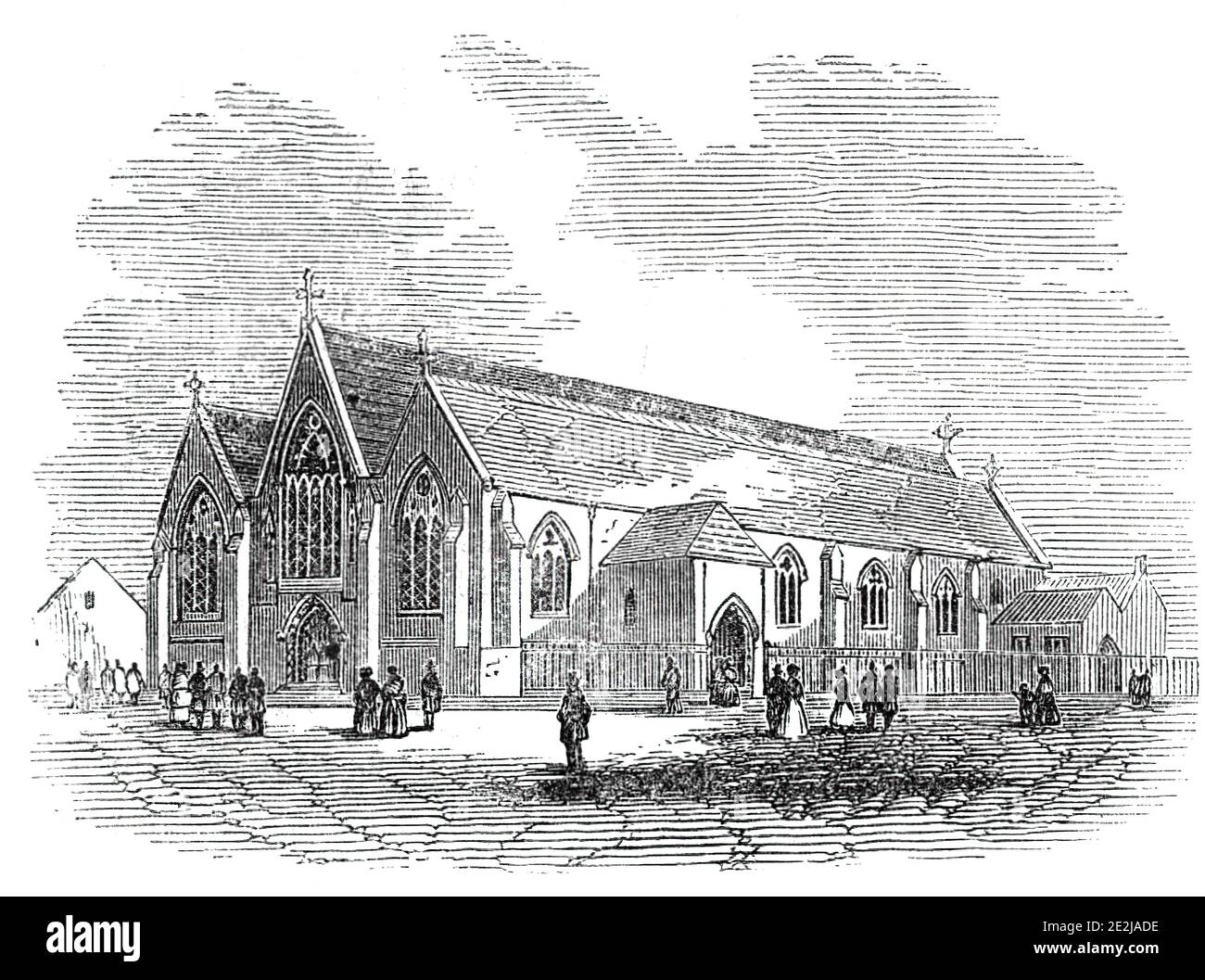 New Catholic church at Newcastle, 1844. View of a church '...dedicated to St. Mary, and situated in Clayton-street, Newcastle [in the north of England]...This new ecclesiastical structure is of stone, and presents a close analogy to the pure decorative style'. From &quot;Illustrated London News&quot;, 1844, Vol V. Stock Photo