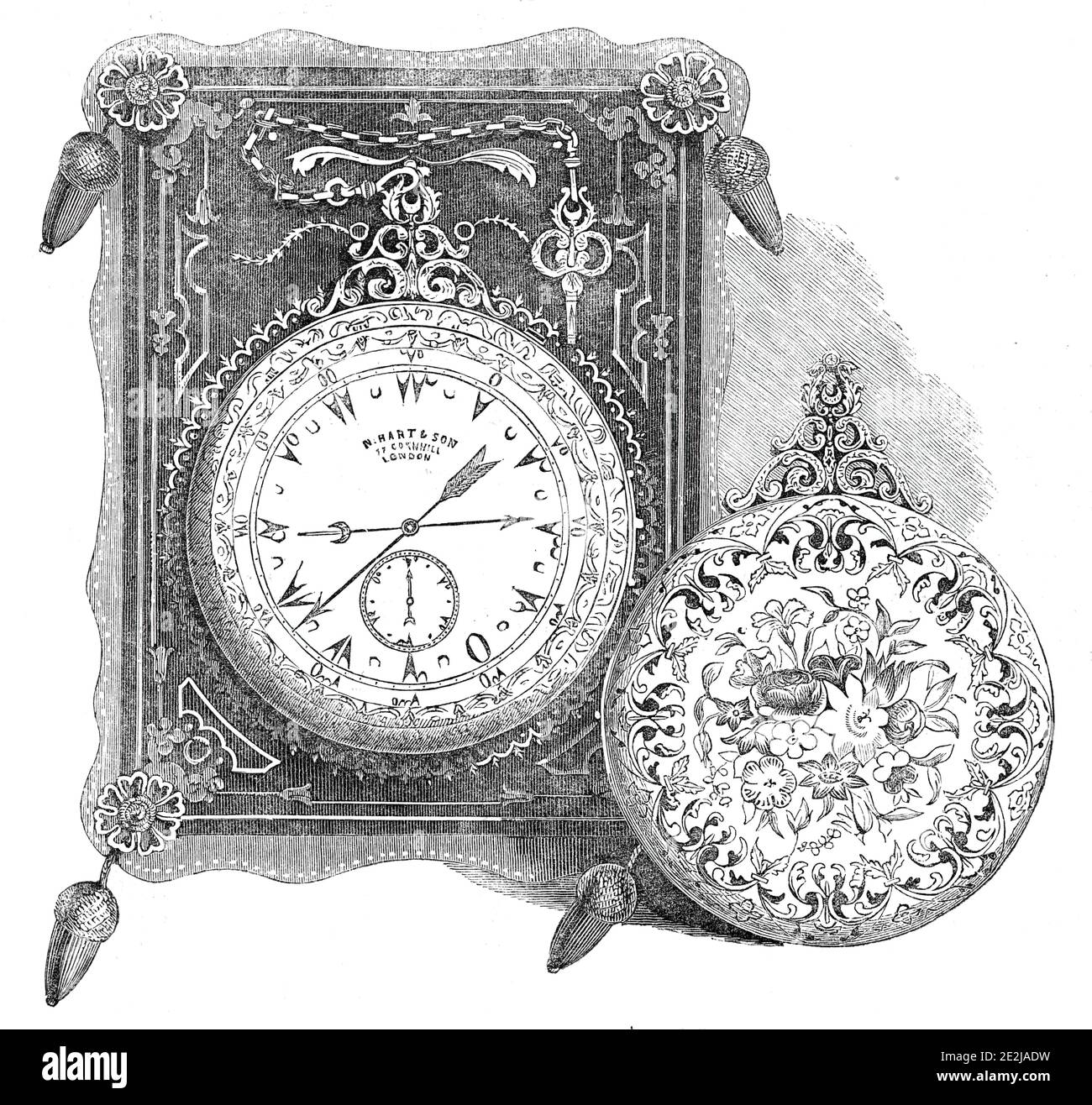 The Sultan Abdul Medschid's watch, 1844. Watch made by '...Messrs. Hart and Son, Cornhill...in a double gold case, the gold being of the standard of twenty-two carats; the back external case...is beautifully enamelled with flowers, within a border of arabesque scroll work. This part of the workmanship is truly exquisite; the brilliancy of the colours, and delicacy of the pencilling, surpasses anything of the kind that we have seen of foreign manufacture. The dial,...is white opaque, enamelled on copper, similar to English watches in general; but the figures are Turkish characters. The hands ar Stock Photo