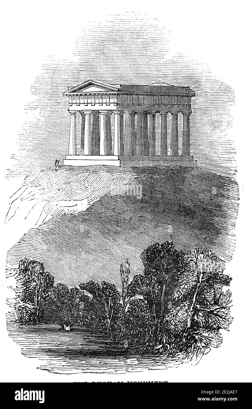 The Durham Monument, 1844. The Penshaw Monument in Sunderland, County Durham, was built to commemorate John Lambton, 1st Earl of Durham, Governor-General of British North America. 'The design, by the Messrs. [John and Benjamin] Green, is in the form of a Temple, of the Doric order, and the proportions are after the Temple of Theseus'. The monument was built between 1844 and 1845. From &quot;Illustrated London News&quot;, 1844, Vol V. Stock Photo