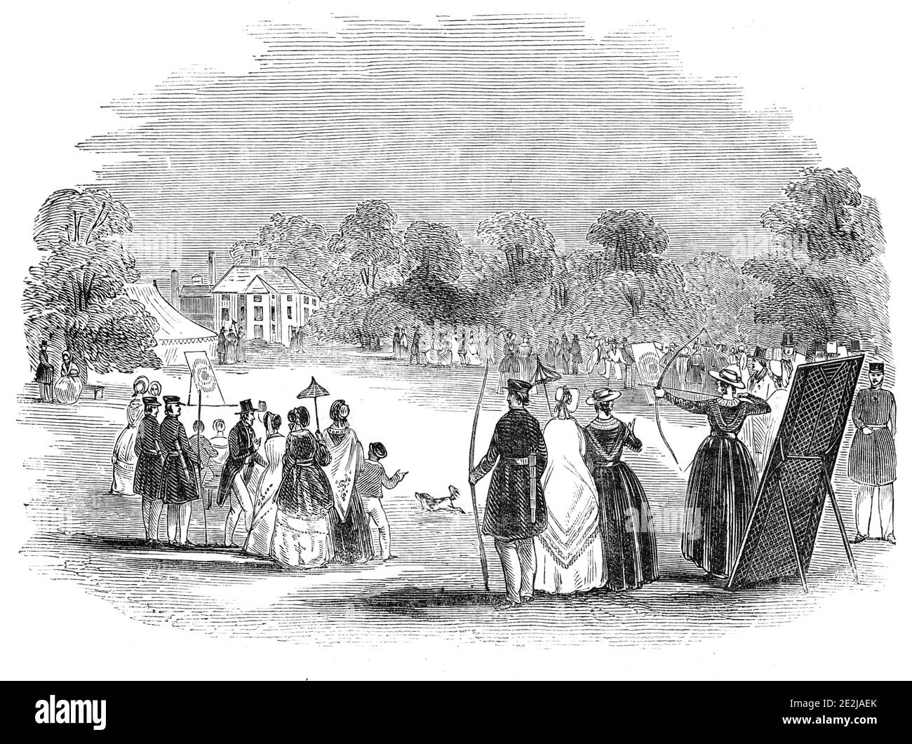 Bow-meeting at Pradoe, near Oswestry, 1844. Competitors at '...an elegant archery fete at Pradoe [in Shropshire], the delightful seat of the Hon. Thomas Kenyon, when the Royal British Bowmen made a very interesting display of their prowess...The shooting proceeded with vigour and animation, the ladies taking from target to target the distance of sixty yards, and the gentlemen one hundred. Strong and anxious was the interest excited whenever an arrow pierced near the bull's eye'. From &quot;Illustrated London News&quot;, 1844, Vol V. Stock Photo