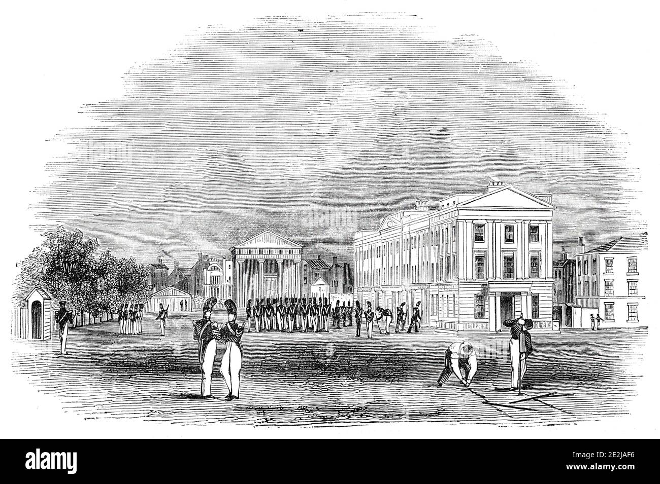 The Wellington Barracks, St James's Park, 1844. Military barracks in Westminster, London, designed by Sir Francis Smith and Philip Hardwick in 1833. From &quot;Illustrated London News&quot;, 1844, Vol V. Stock Photo