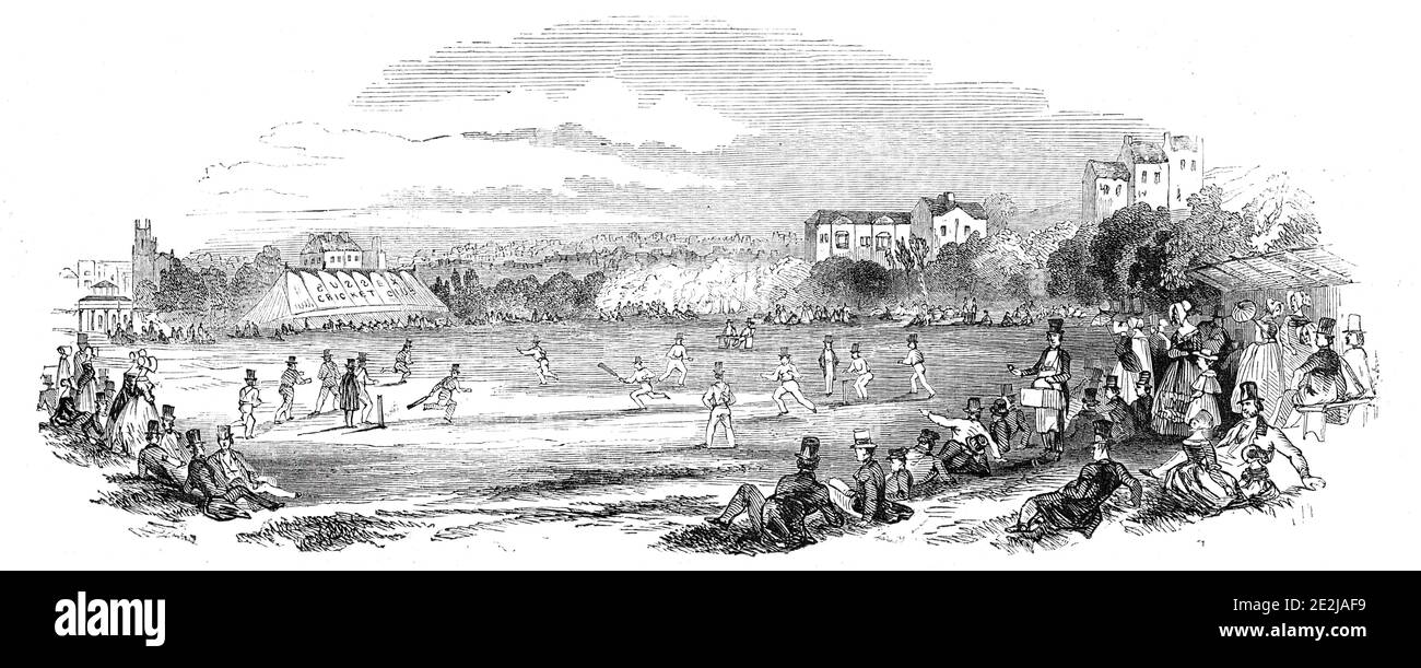 Grand Cricket Match at Brighton, 1844. Game being played between the Marylebone Cricket Club (MCC) and Surrey County Cricket Club. From &quot;Illustrated London News&quot;, 1844, Vol V. Stock Photo