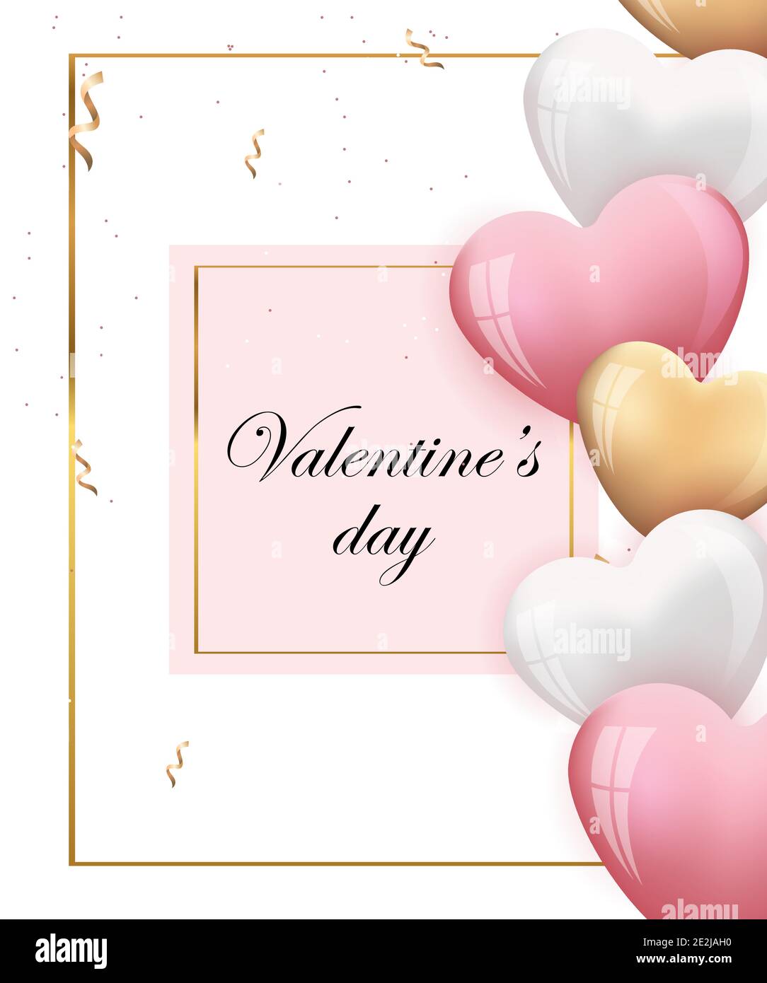 Valentines day greeting card with pink, white and golden hearts ...
