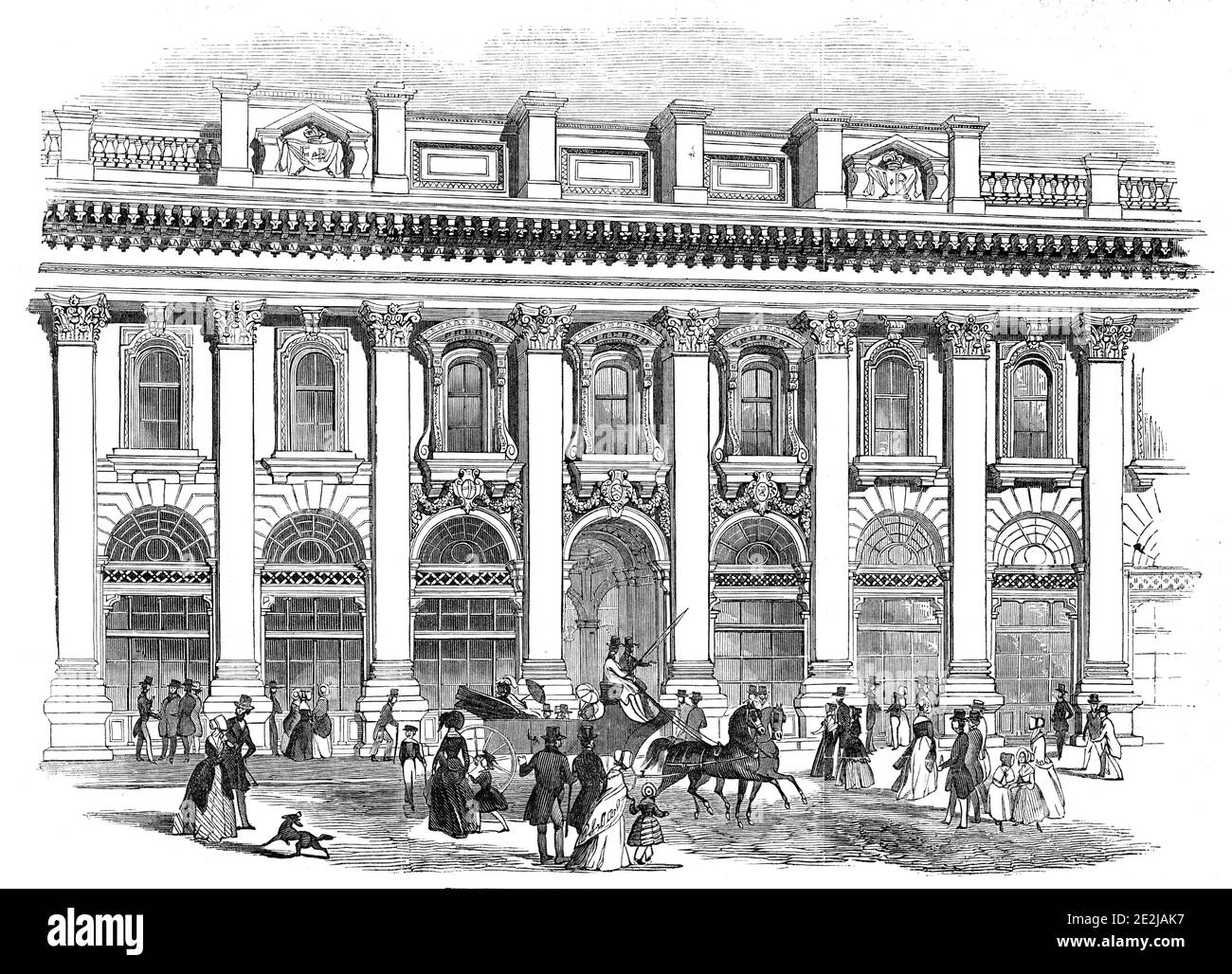 The new Royal Exchange - the south entrance, 1844. View of the Royal Exchange in the City of London, designed by Sir William Tite. From &quot;Illustrated London News&quot;, 1844, Vol V. Stock Photo
