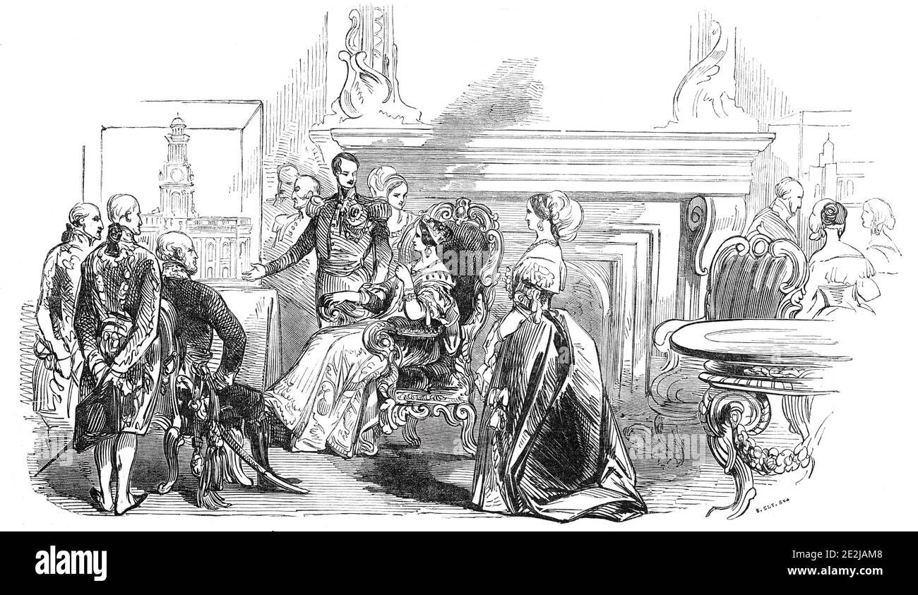 The Queen's Drawing Room - Her Majesty inspecting Mr. Tite's models of the Royal Exchange, 1844. Queen Victoria looks at architect William Tite's design for the Royal Exchange building in the City of London. 'The room used by her Majesty, and in which she inspected Mr. Tite's models, appeared to great advantage, fitted hy Mr. Herring's splendid pattern furniture'. From "Illustrated London News", 1844, Vol V. Stock Photo