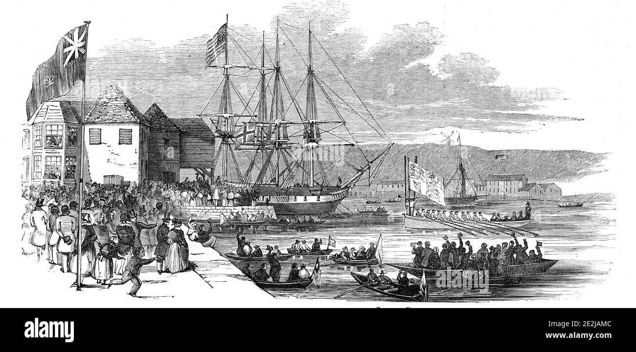 Her Majesty landing at Cowes, Isle of Wight, 1844. Crowds wait to greet Queen Victoria: '...the thunder of the artillery of Cowes Castle, succeeded by the salutes from the Royal Yacht Squadron battery, and the private batteries along both shores of the Medina, announced the approach of the royal yacht &quot;Victoria and Albert&quot;...The weather, which had been extremely boisterous, for days previous, continued unfavourable for the debarkation; the rain came down in torrents; the royal party consequently postponed for a while their landing'. From &quot;Illustrated London News&quot;, 1844, Vol Stock Photo