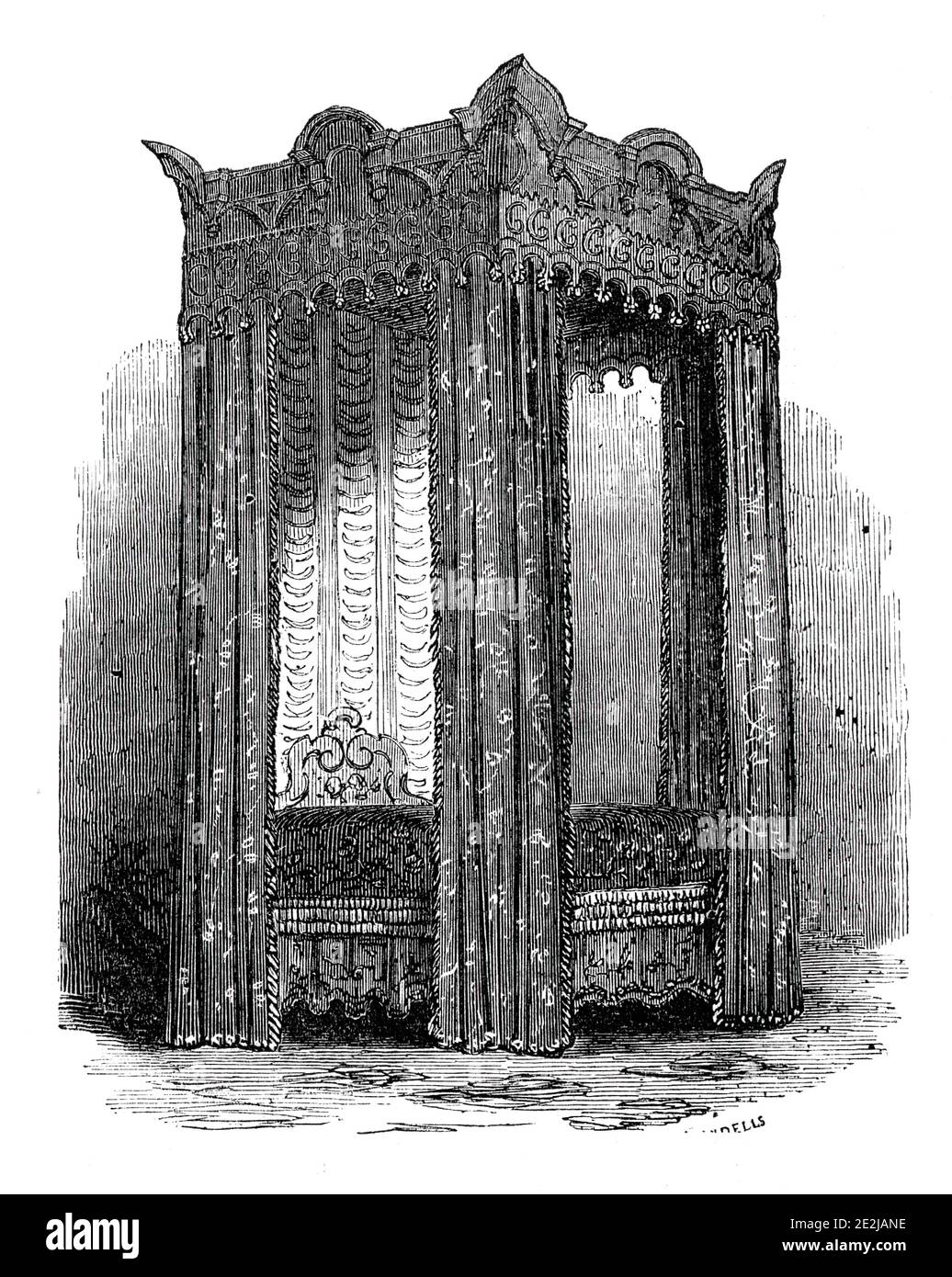 Queen Elizabeth's State Bed, 1844. Four-poster bed at Burghley House, near  Stamford, Lincolnshire. The house was built in the 16th century for William  Cecil, Lord Burghley, Lord High Treasurer to Queen Elizabeth