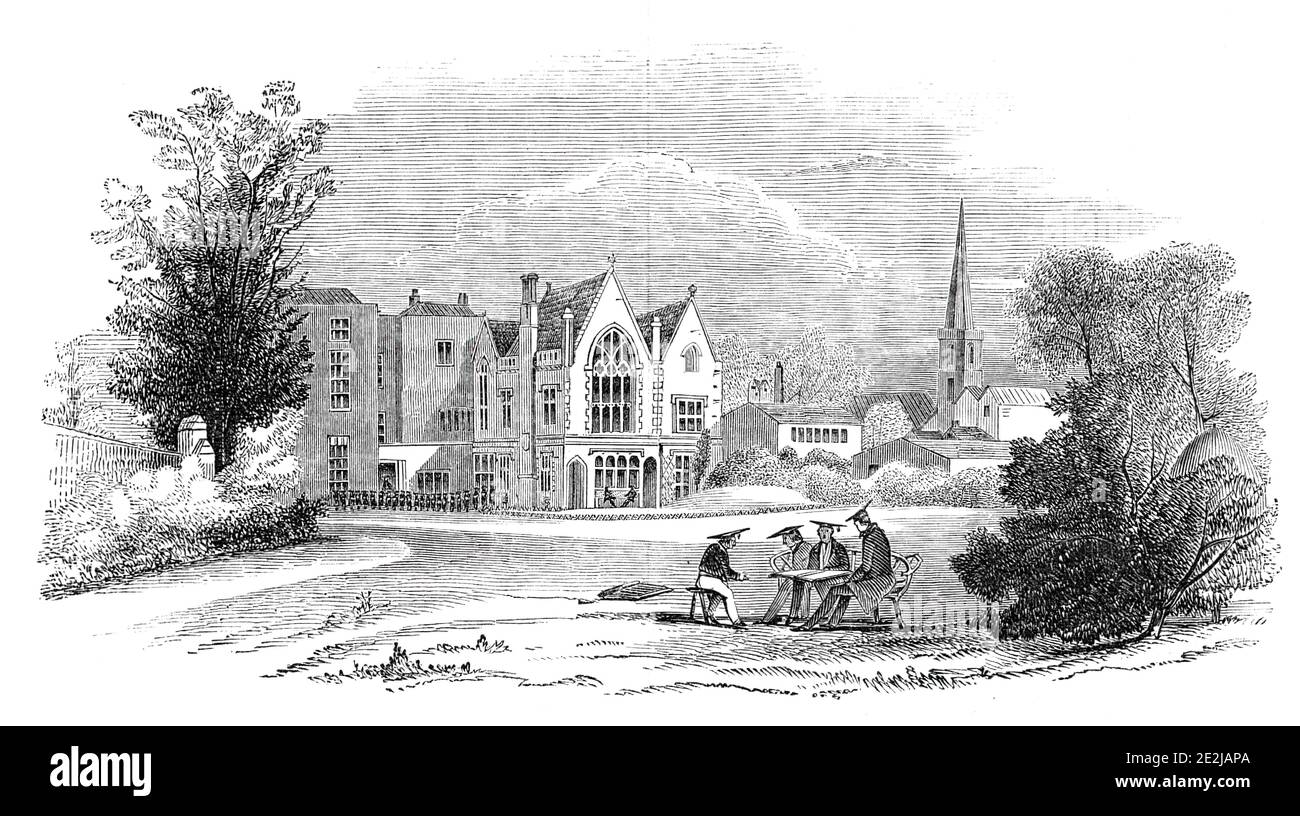 Gloucester College School, 1844. View by by Mr. J. H. Brown, an assistant-master. 'Dr. Evans, its present Head Master, has the good sense to perceive that something besides a knowledge of Latin and Greek is required in the present day. Mathematics, Drawing, German, and French, are studied by the pupils...the domestic comforts of the scholars are most carefully provided for. Recently, a most commodious suite of rooms has been built by Dr. Evans, from designs by Messrs. Daukes and Hamilton of Gloucester, consisting of a dining-hall, a lavatory, and dormitories, most chastely fitted up and admira Stock Photo