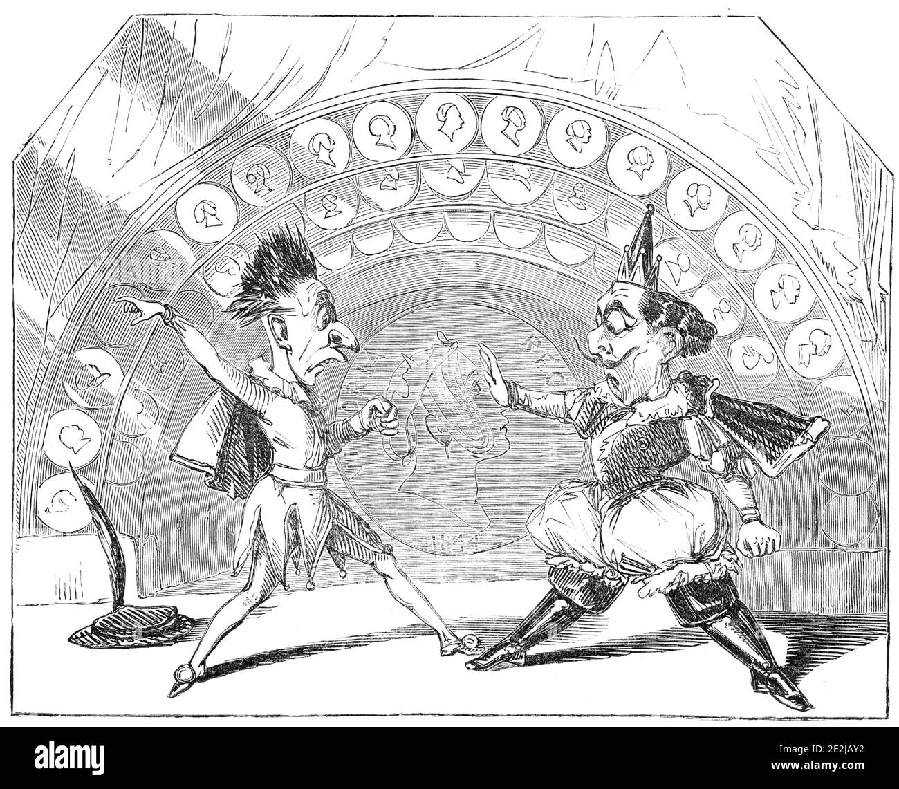 Scene from &quot;Harlequin &#xa3;.S.D&quot;, at the Surrey Theatre, 1844. London stage production. 'This house opened with, as the bill says, a piece founded on Shakespeare's &quot;Seven Ages of Man, or the End of Crime&quot;; and, as far as we were able to judge from the usual confusion of a boxing-night, was tolerably successful; and the great feature of the evening, the pantomime, from the pen of the indefatigable Nelson Lee...is very good, and will, no doubt, be as remunerating to the lessee as the one of last year...Mr. W. H. Harvey, as Harlequin, Mr. T. Ridgway, as Clown, Mr. H. Corri, a Stock Photo