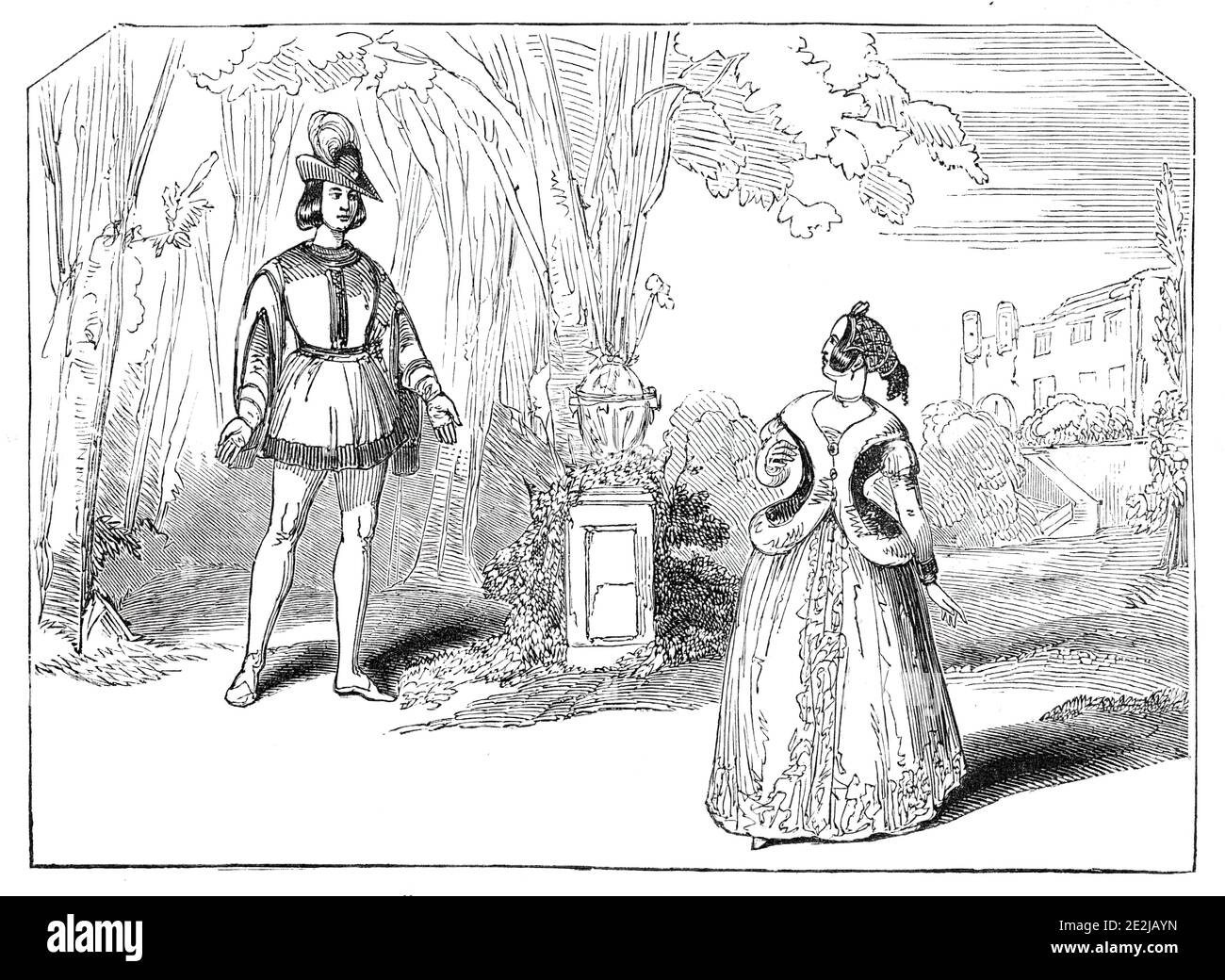 Scene from &quot;Graciosa and Perciney&quot;, at the Haymarket Theatre, 1844. London stage production. 'Mr. [James Robinson] Planch&#xe9;, the originator of the elegant school of burlesque - has again drawn from the graceful stories of the Countess d'Anois, and produced a new dramatic nursery tale, entitled &quot;Graciosa and Percinet&quot;...'The dialogue is smart, and abounds with happy turns and allusions, and the mise-en-scene is unexceptionable - but still excellent and complete in its way. Several favourite arias, among them: &quot;When other lips&quot;, ' from the &quot;Bohemian Girl,&q Stock Photo