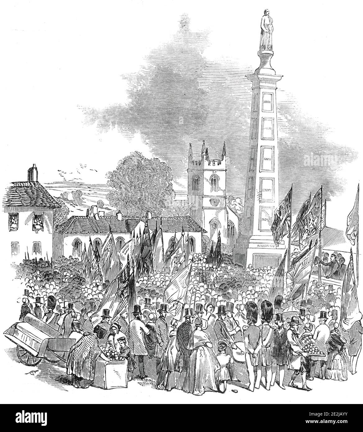 Inauguration of the Gillespie Monument, at Comber, 1845. Opening of a memorial in County Down, (now Northern) Ireland. 'The [Rollo Gillespie] Monument itself is a beautiful Grecian pillar, fifty-five feet high...divided into compartments, on each of which is sculptured a representation of one of the principal scenes of Gillespie's brilliant career, and surmounted by a statue of the hero himself, standing in a graceful attitude, with his sword in his right hand...An inscription reads: '&quot;Robert Rollo Gillespie. Major-General, and Knight Commander of the Most Honourable the Military Order of Stock Photo