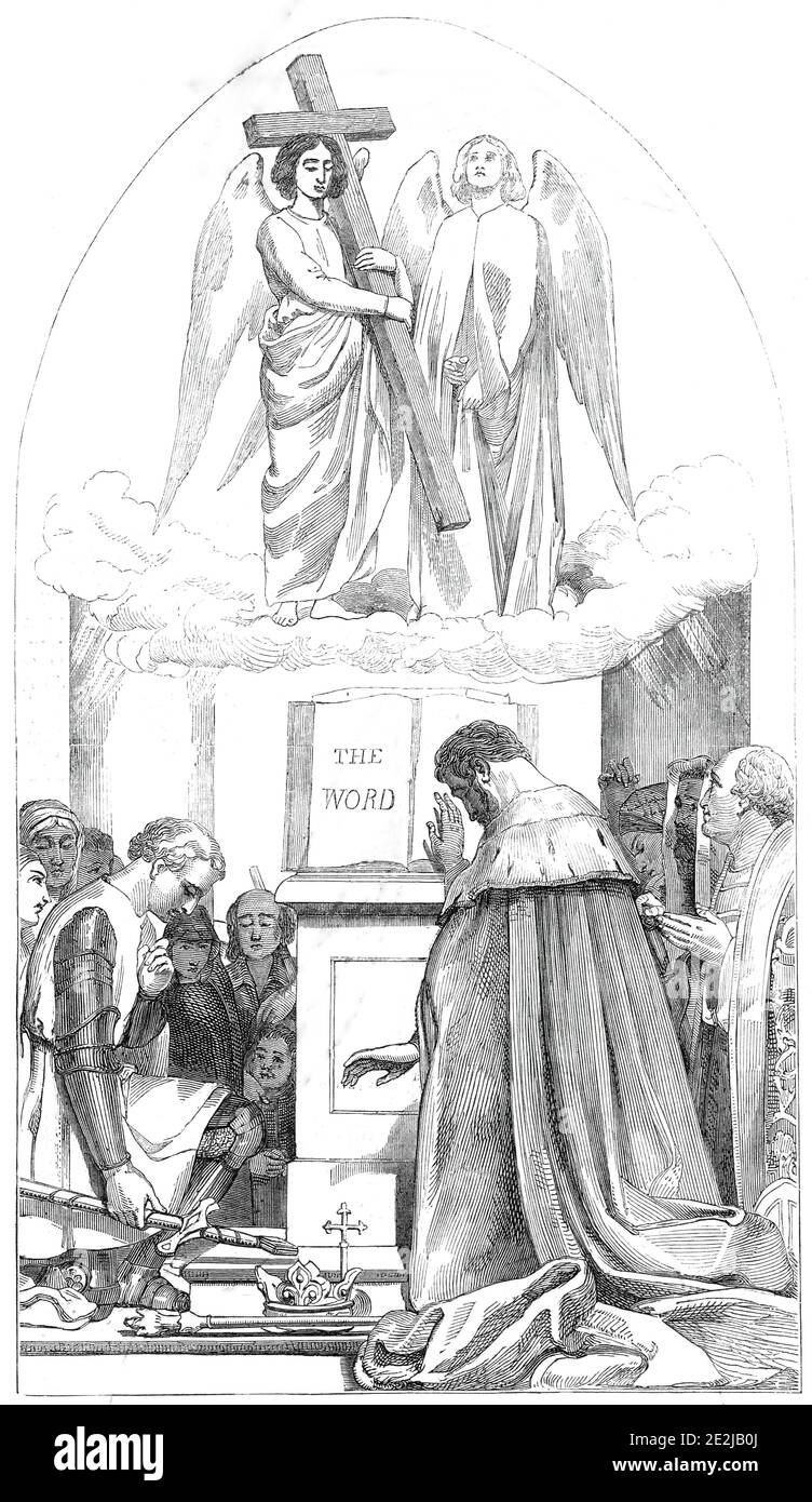 Cartoon (35) Religion - by J.C. Horsley - executed by commission - from the exhibition in Westminster Hall, 1845. Knights kneeling before the Holy Bible, one '...of the finest works in this Exhibition of National Genius...&quot;Religion exemplified in the faith and hope of the Cross of Christ, in the subjection of all earthly power and human distinctions to His will, and in the dependance of all estates and conditions of men on His WORD. (Cartoon.) John Callcott Horsley. (&quot;Catalogue,&quot; page 8.)...The composition includes a terrestrial and celestial group; the latter being arranged in Stock Photo