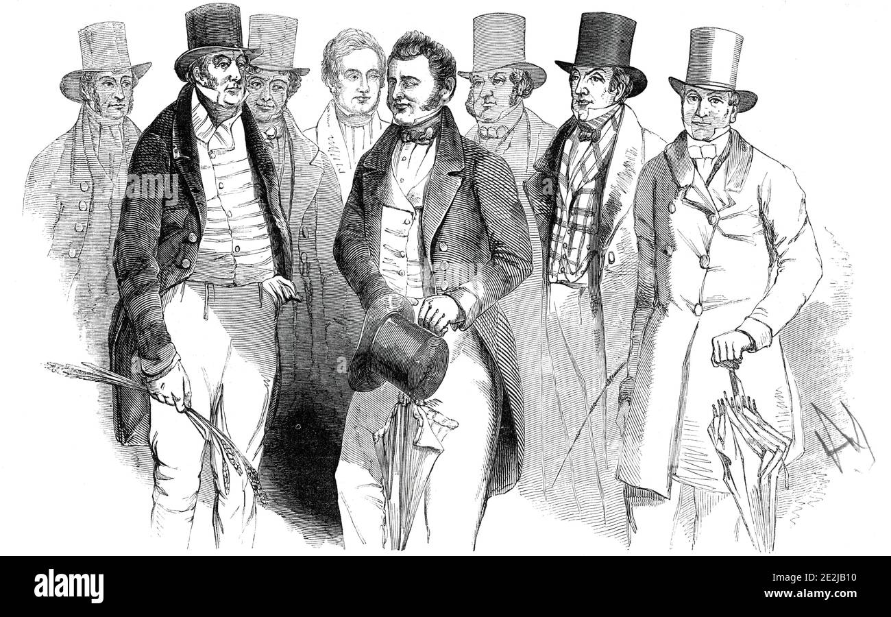 Distinguished Agriculturists, 1845. British farmers and landowners: 'Mr. Ransome, Earl Spencer, Mr. Grantham, Philip Pusey Esquire, Jonas Webb Esquire, Henry Handley Esquire, Earl Talbot, George Wilbraham Esquire'. From &quot;Illustrated London News&quot;, 1845, Vol VII. Stock Photo