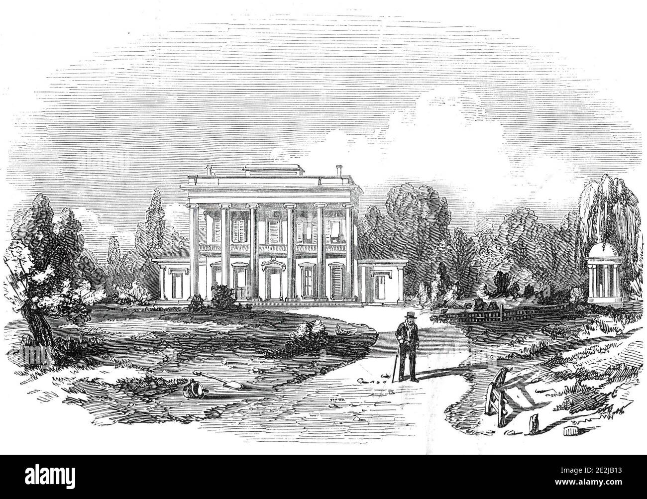 The Hermitage, the Residence and Burial Place of General Jackson, 1845. View of The Hermitage plantation in Tennessee, USA. Hundreds of enslaved African American men, women, and children were forced to produce cotton, the source of Jackson's wealth. The mansion was remodelled in 1831, under the direction of architect David Morrison. From &quot;Illustrated London News&quot;, 1845, Vol VII. Stock Photo