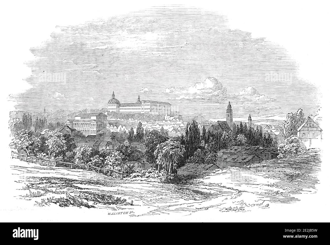 Gotha - from His Royal Highness Prince Albert's drawing, 1845. View of the town of Gotha in Thuringia, Germany, seat of the royal house of Wettin of which Prince Albert was a member. Above the town is the Friedenstein Palace, residence of the dukes of Saxe-Gotha. From &quot;Illustrated London News&quot;, 1845, Vol VII. Stock Photo