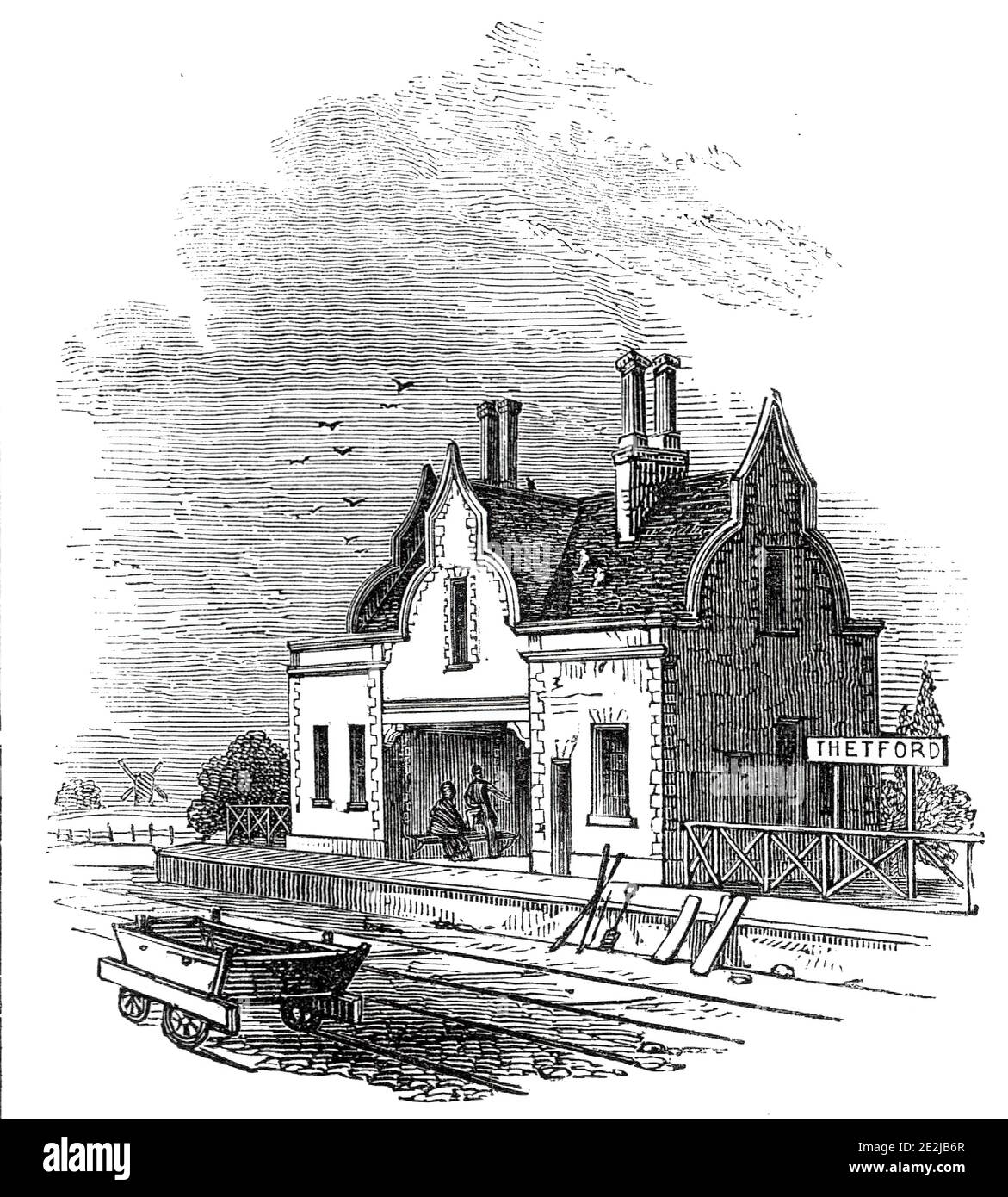 Thetford Station, 1845. Railway station at Thetford in Norfolk, one of the stops on the newly opened line from London to Cambridge and Ely. The building is in mock-Elizabethan style. From &quot;Illustrated London News&quot;, 1845, Vol VII. Stock Photo