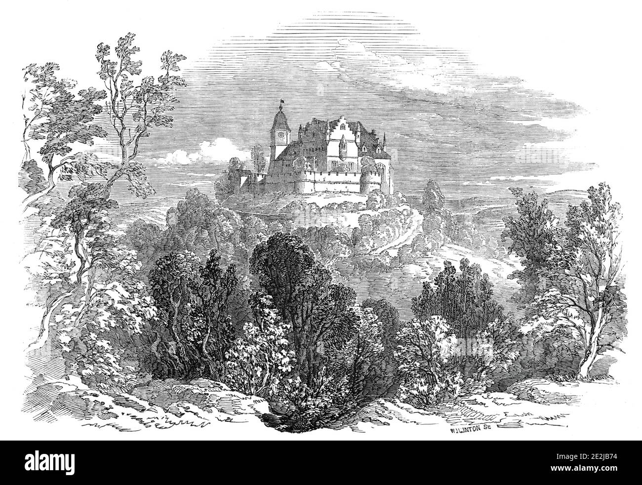 Schloss Kalenberg - from His Royal Highness Prince Albert's drawing, 1845. View of Callenberg Castle near Coburg, Germany. It is the principal residence of the House of Saxe-Coburg and Gotha of which Prince Albert was a member. From &quot;Illustrated London News&quot;, 1845, Vol VII. Stock Photo