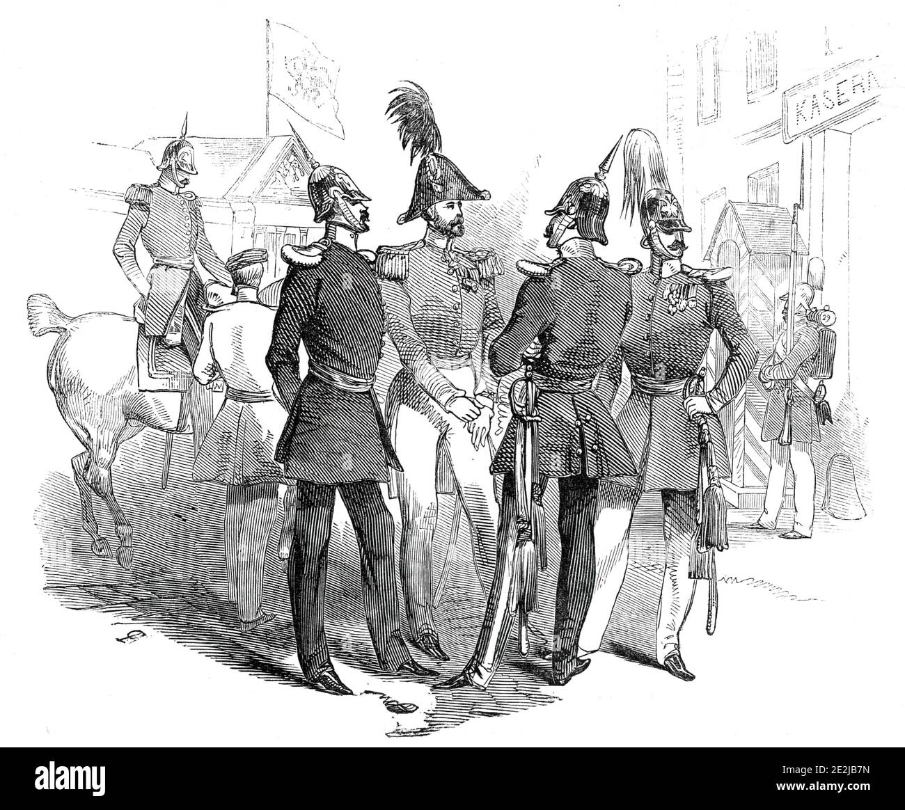 Prussian officers - Place d'Armes, Cologne, 1845. Soldiers in uniform: '...a group of Prussian officers, their Kasern (barrack), &amp;c'. From &quot;Illustrated London News&quot;, 1845, Vol VII. Stock Photo