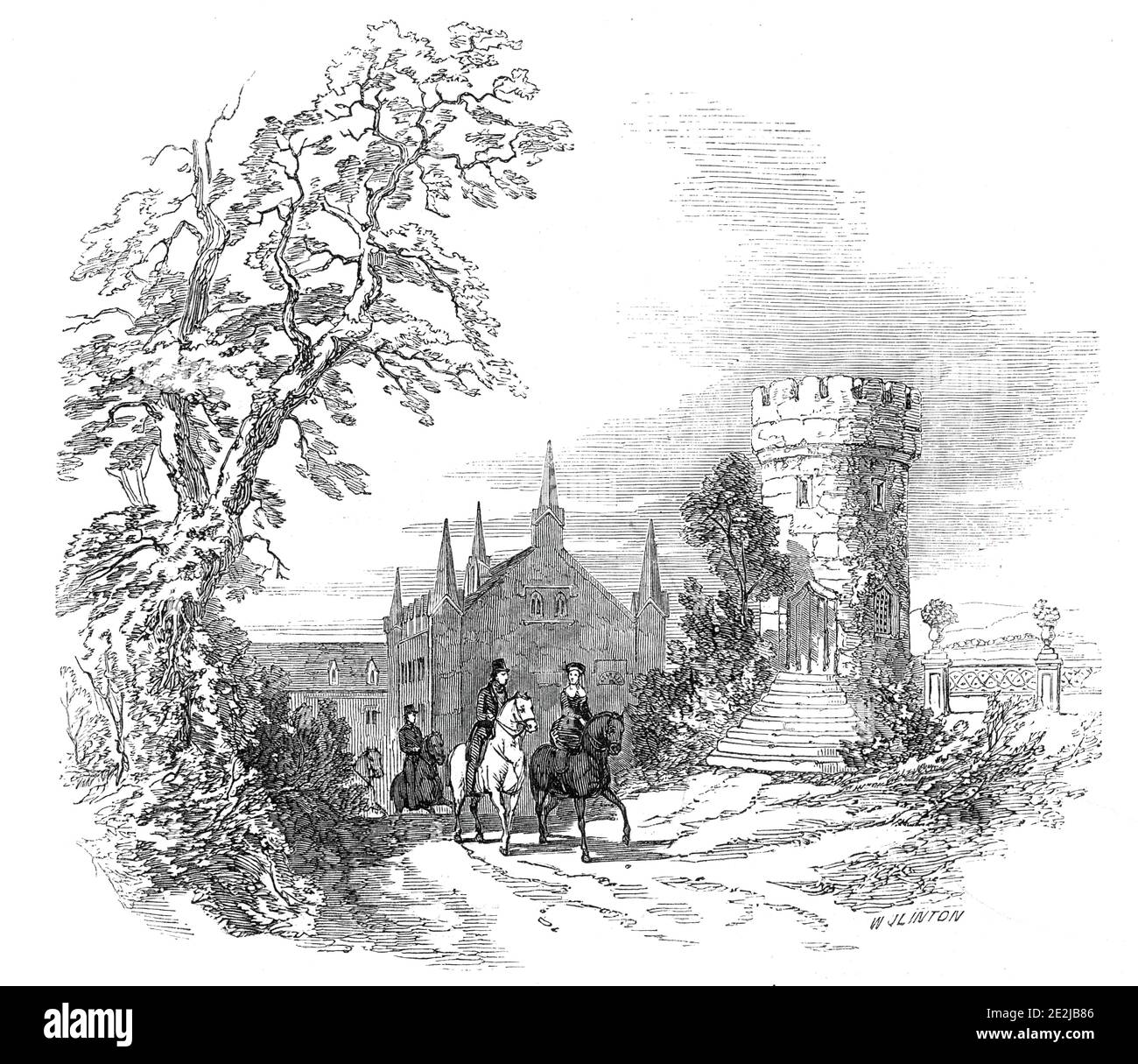 Rosenau - from His Royal Highness Prince Albert's drawing, 1845. View of the Rosenau Palace, a former castle, converted into a ducal country house, (formerly in Saxe-Coburg, now in Bavaria, Germany). Rosenau was the birthplace and boyhood home of Prince Albert of Saxe-Coburg and Gotha, husband and consort of Queen Victoria. From &quot;Illustrated London News&quot;, 1845, Vol VII. Stock Photo