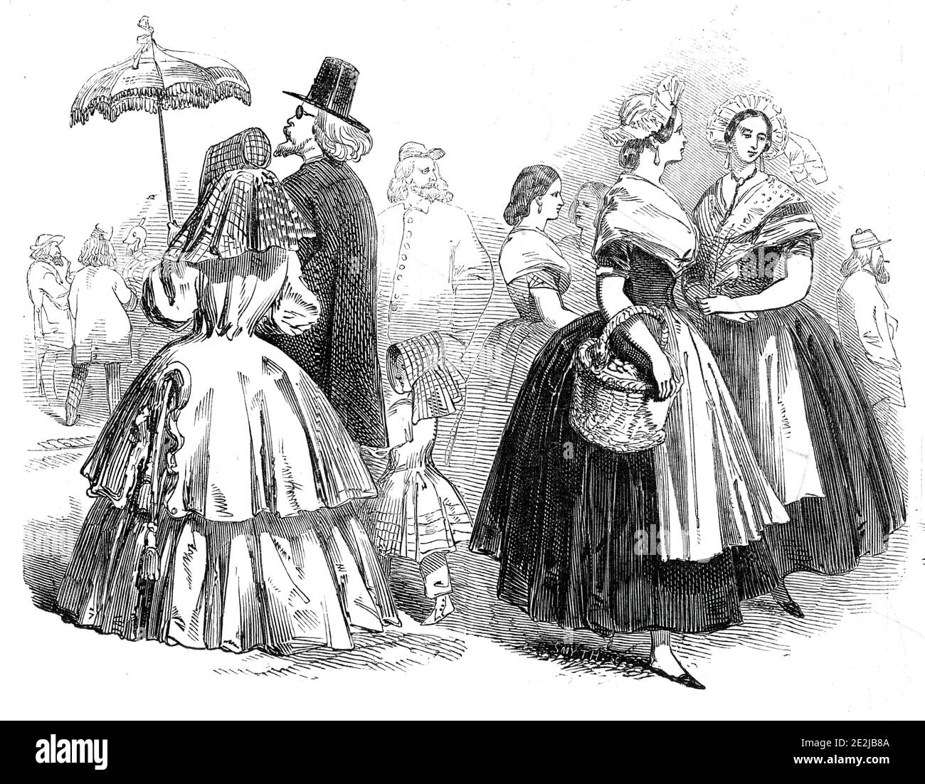 Sketch in Cologne, 1845. A family, and two women, Germany. '...the lady has on a morning bonnet, with a long &quot;curtain,' and a sort of polka pelisse; such as are worn in the country: the fashion is seen, in miniature, in the child's dress. The hat of the gentleman is of unmistakeable Continental magnitude'. The second group shows 'women of the middle class'. From &quot;Illustrated London News&quot;, 1845, Vol VII. Stock Photo