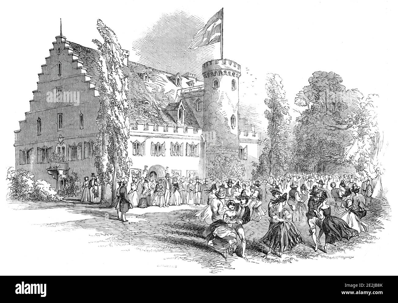 Celebration of His Royal Highness Prince Albert's birthday, at Rosenau, 1845. Dancers at the birthplace and boyhood home of Prince Albert in Germany. '...thirteen or fourteen couples - each lad with a lass - dressed in the extreme of the Coburg rural costume...the band struck up, and in a moment the lawn was covered with waltzers, the bright coloured dresses and flowing ribbons flashing along in strong and agreeable contrast with the surrounding trees and shrubs...At the close of the fifth or sixth waltz, the procession formed again, filed before her Majesty and the Prince; and, in the order i Stock Photo