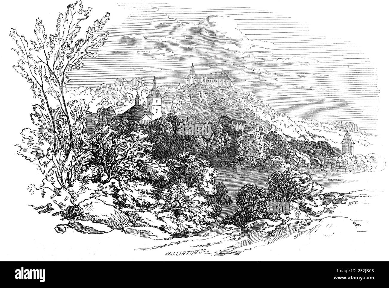 Palace of Molsdorf - from His Royal Highness Prince Albert's drawing, 1845. View of Molsdorf Palace, near Gotha in Germany. From &quot;Illustrated London News&quot;, 1845, Vol VII. Stock Photo